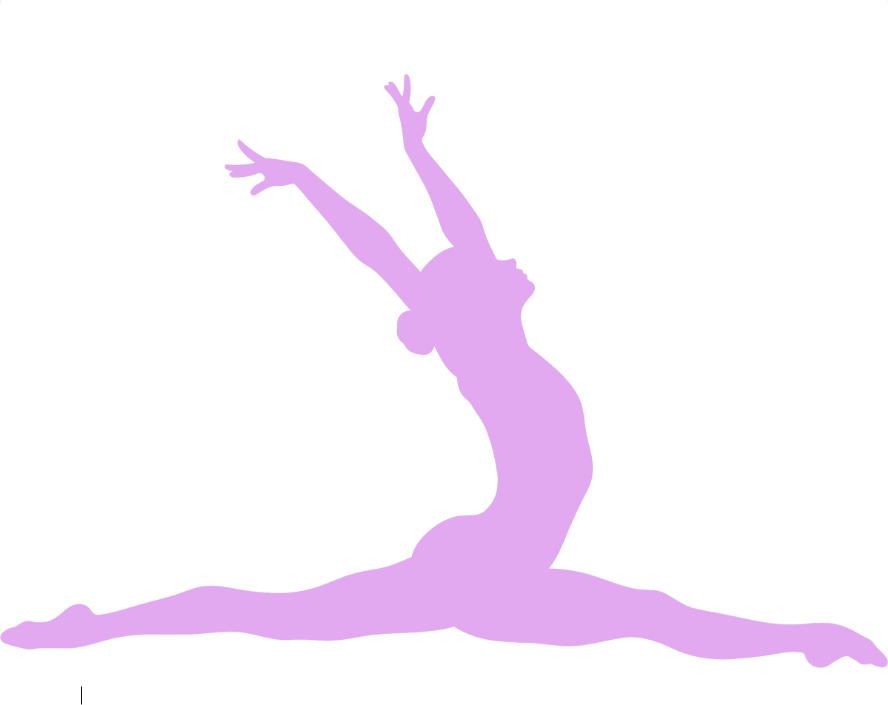 Silhouette of a person doing a split with legs extended and arms reaching upward, in light purple color.