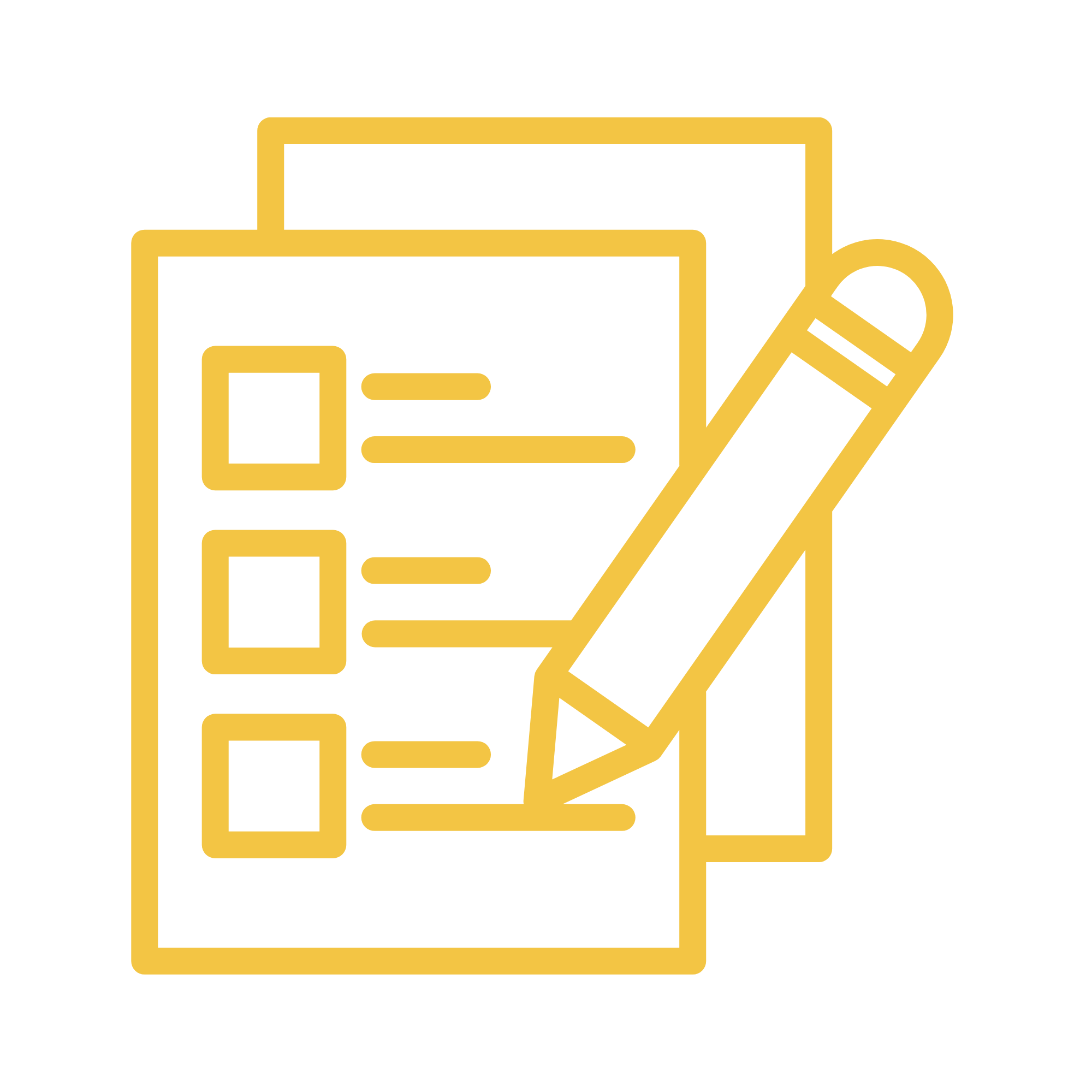Outline of a computer monitor, pencil, and floppy disk icon in yellow on a black background.