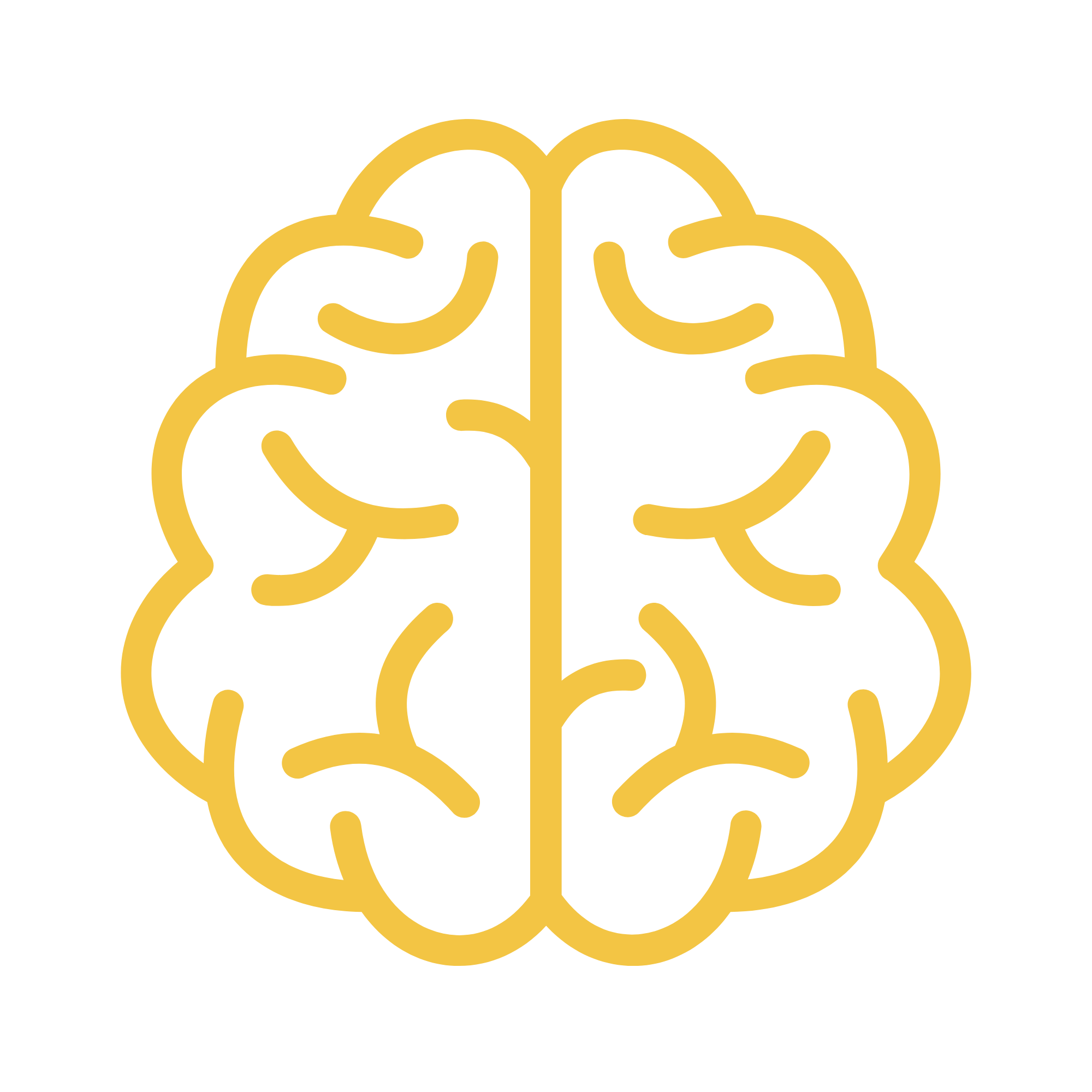 Stylized line drawing of a human brain in gold color on a black background.