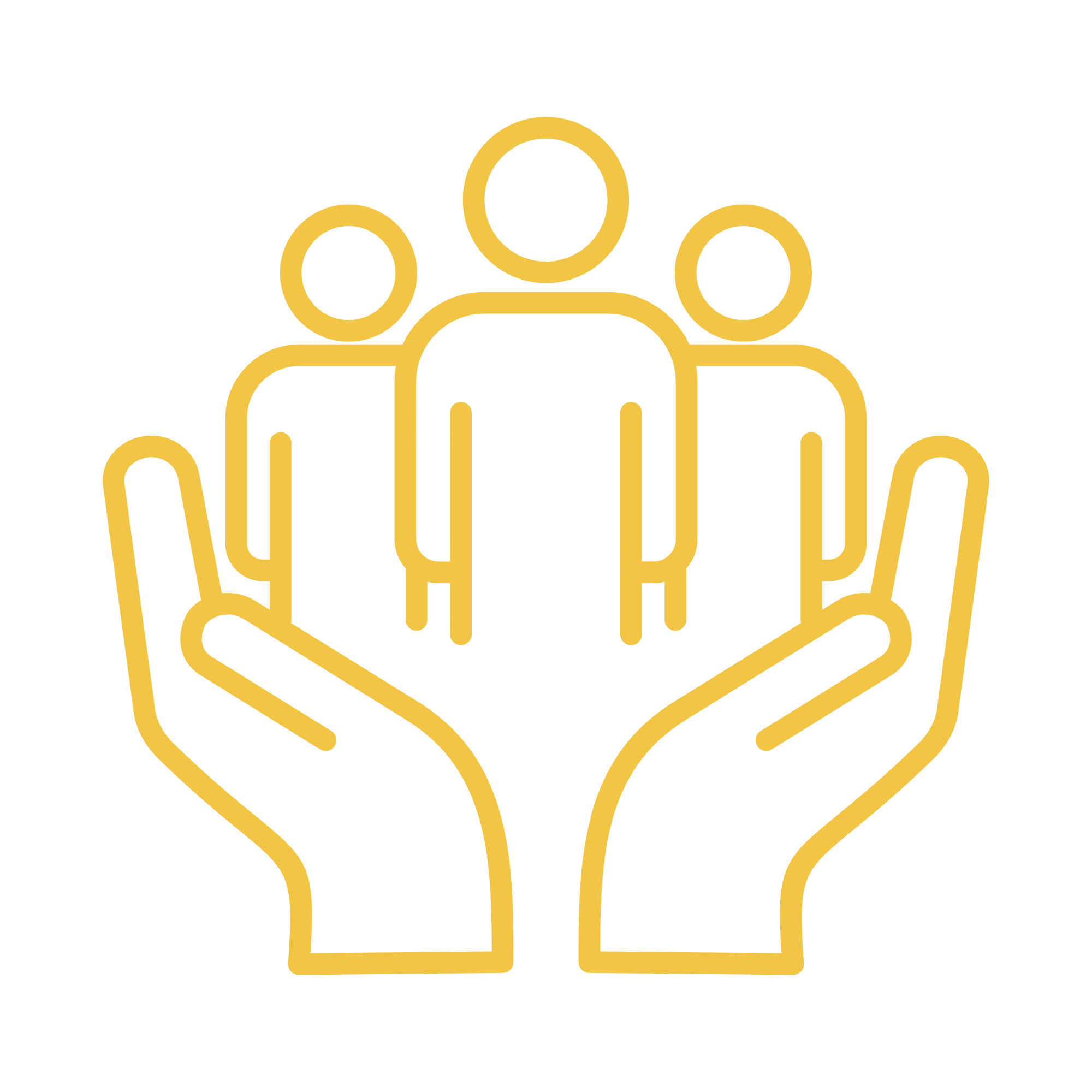 Outline of a person's head and shoulders inside an open hand, with two other outlined figures behind and to the sides of the main person, all in gold outline on black background.