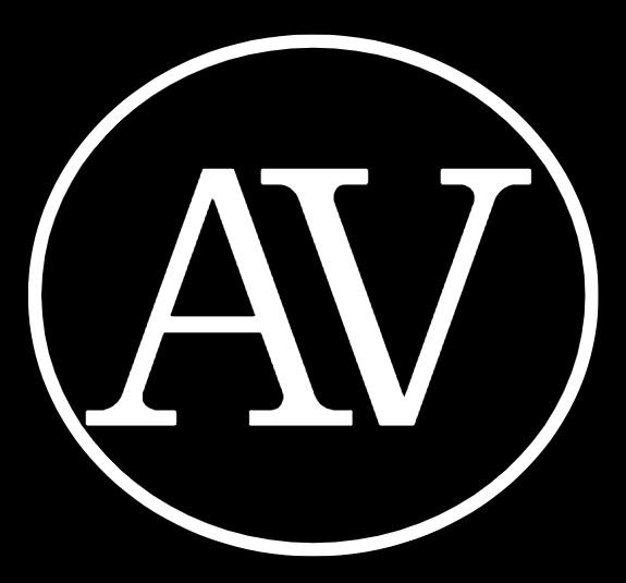 White letters 'AV' inside a white circle on a black background.