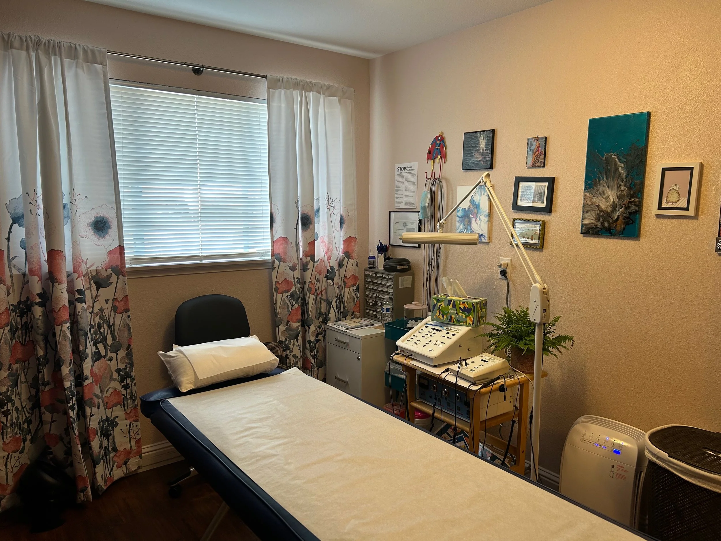 A medical examination room with a bed near a window, curtains, and various medical equipment on carts and walls, including a computer, medical devices, and art on the walls.