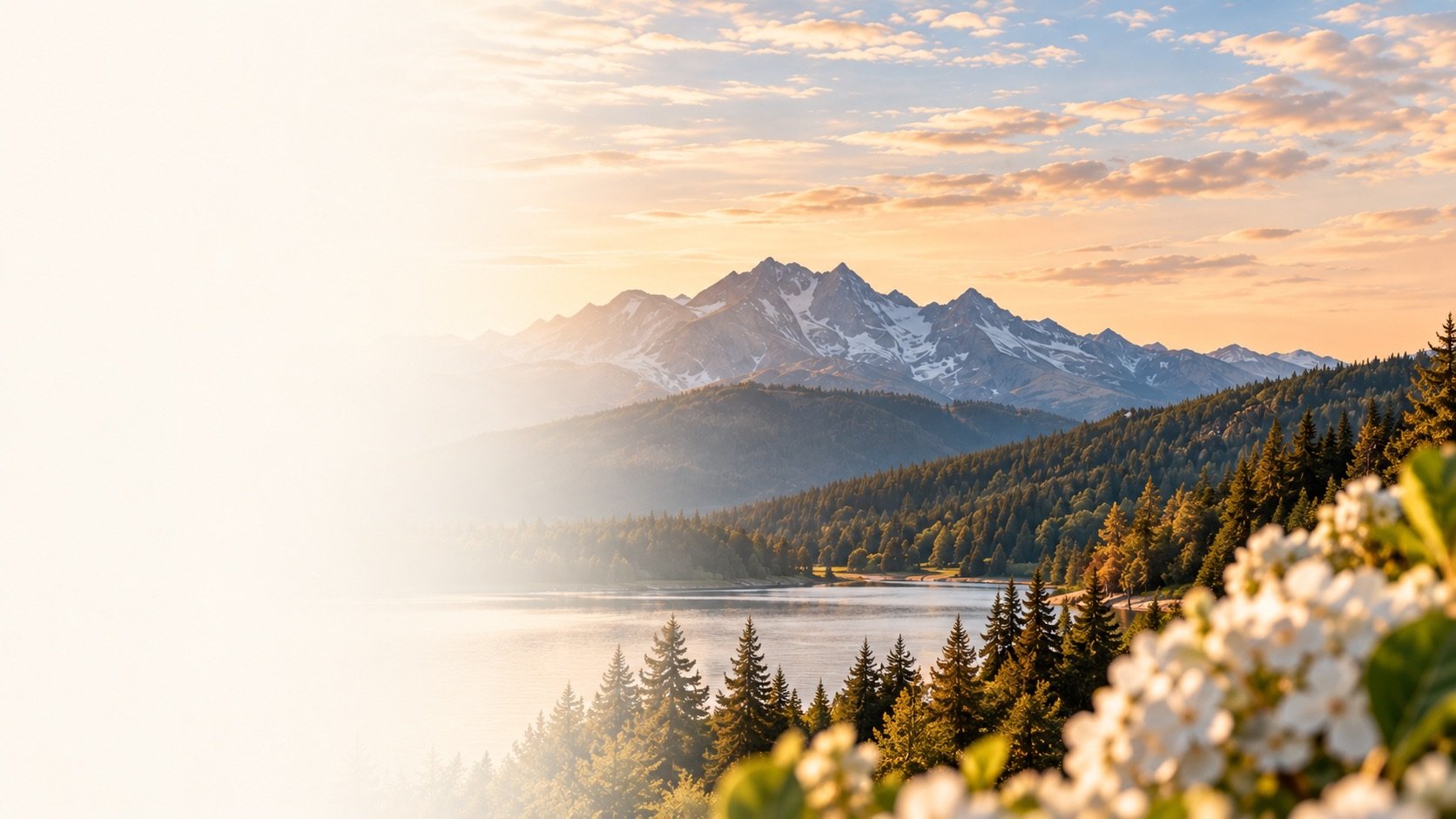 Scenic landscape of snow-capped mountains, dense evergreen forest, and a calm lake at sunset with pink and orange sky and clouds.