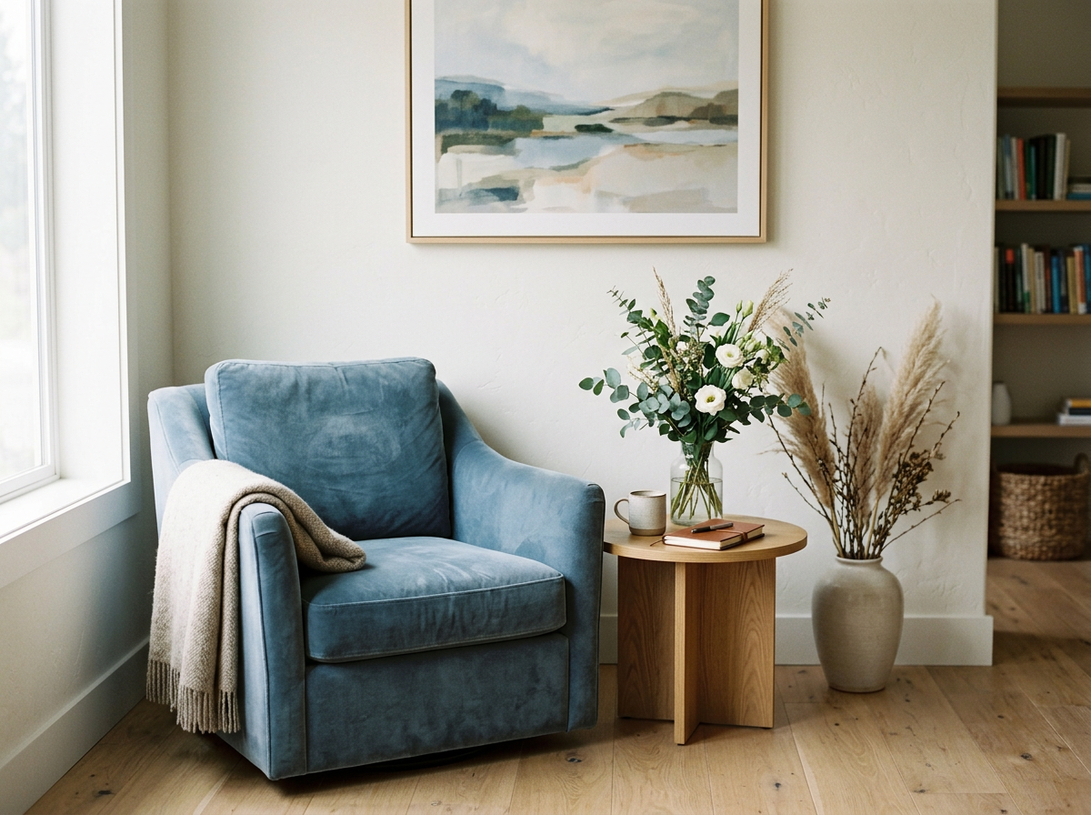 Cozy living room corner with a light blue armchair, beige throw blanket, wooden side table with a vase of white flowers and greenery, and a tall beige vase with pampas grass, near a window with a landscape painting on the wall.