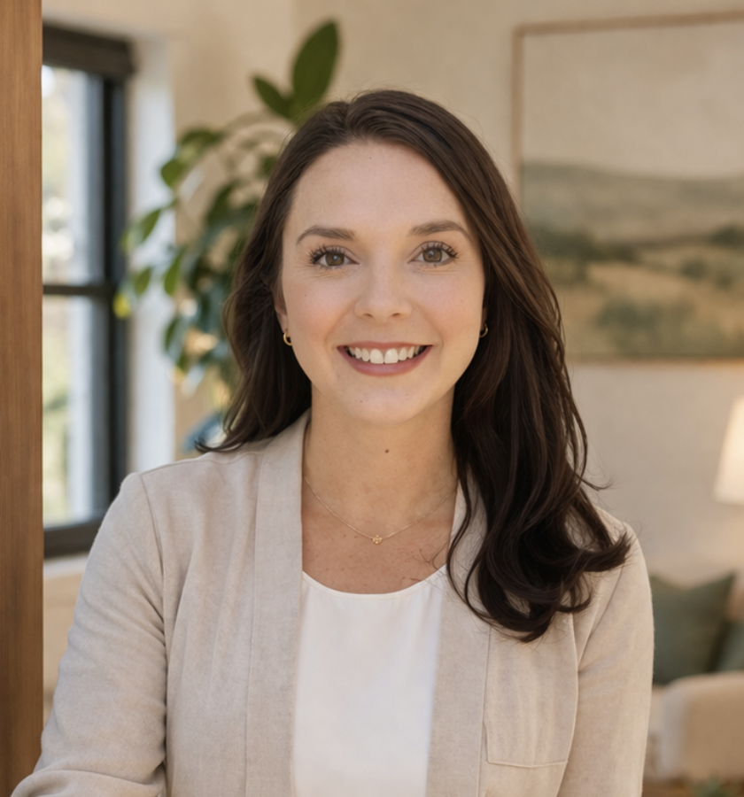A smiling woman with long brown hair, wearing a beige blazer and white top, indoors with a window and landscape painting in the background.