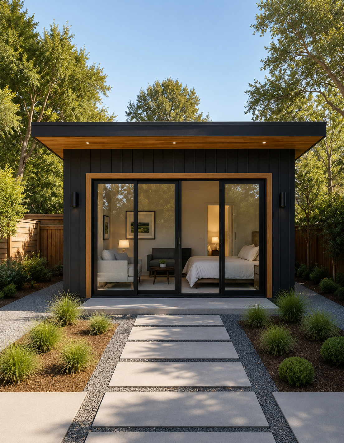 Modern tiny house with large glass sliding doors, surrounded by landscaped garden with pathway and trees.