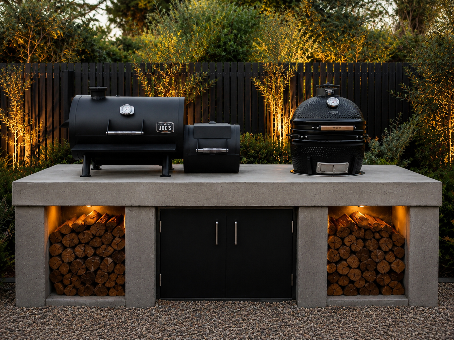 Outdoor kitchen with a concrete countertop, two built-in wood storage compartments with stacked firewood, and two black smokers/grills on top. The scene is illuminated by warm outdoor lighting against a background of greenery and a black fence.