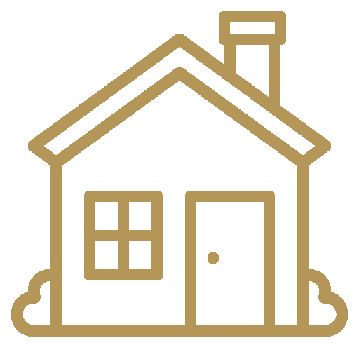 Simple line drawing of a house with a chimney and window.