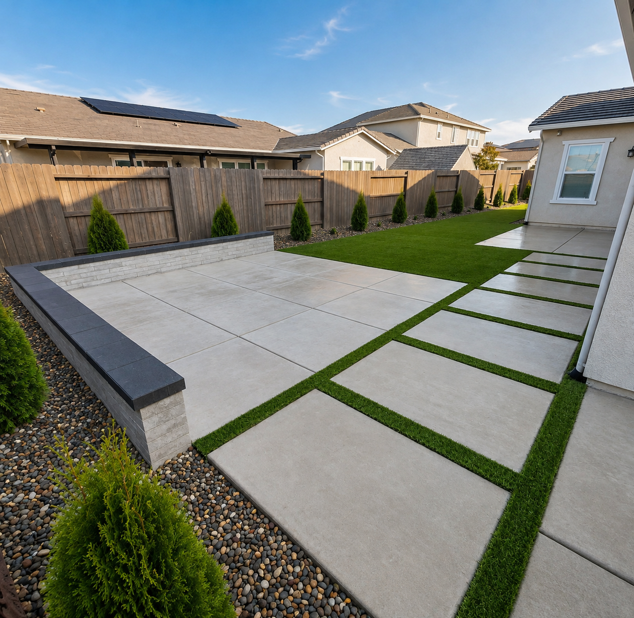 Backyard with concrete patio, grass, small shrubs, and a wooden fence under a blue sky.