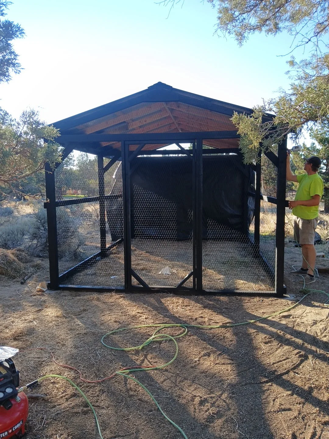 A man in a yellow shirt and beige shorts working on assembling a black outdoor dog kennel with a metal chain-link fence in a desert-like area with dry ground, bushes, and trees. Chicken Coop. 