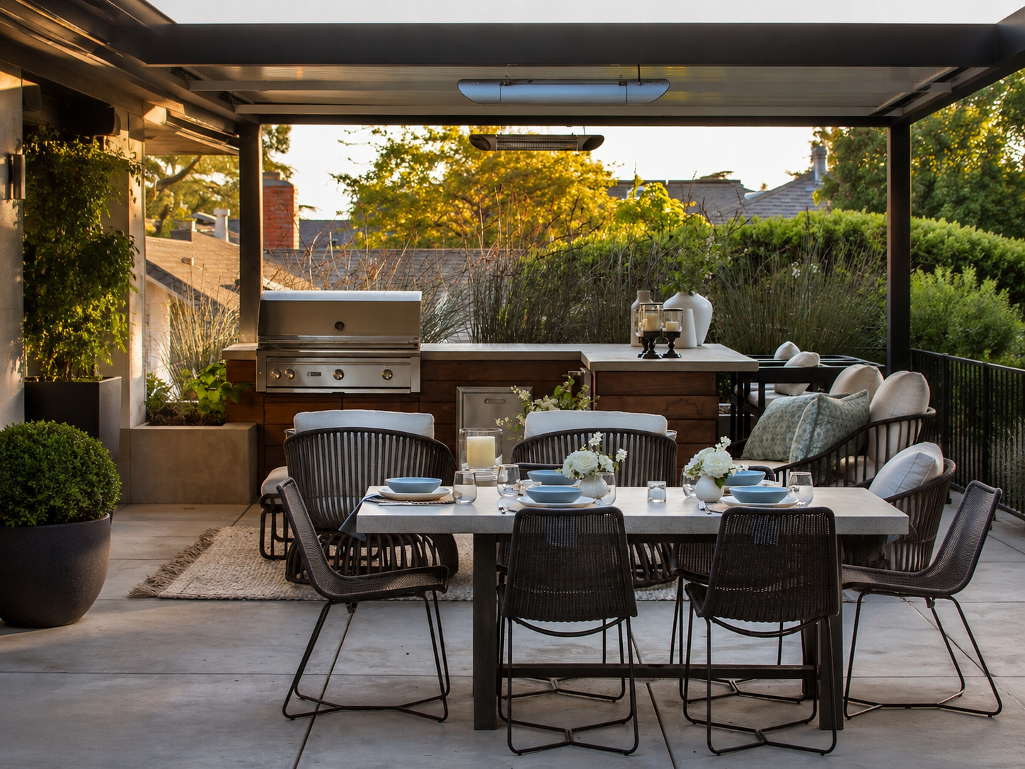 Outdoor patio with dining table and chairs, a grill, and a seating area with cushions, overlooking trees and rooftops during sunset.