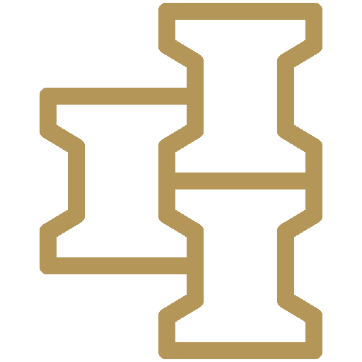Two gold-colored thread spools with horizontal lines representing thread