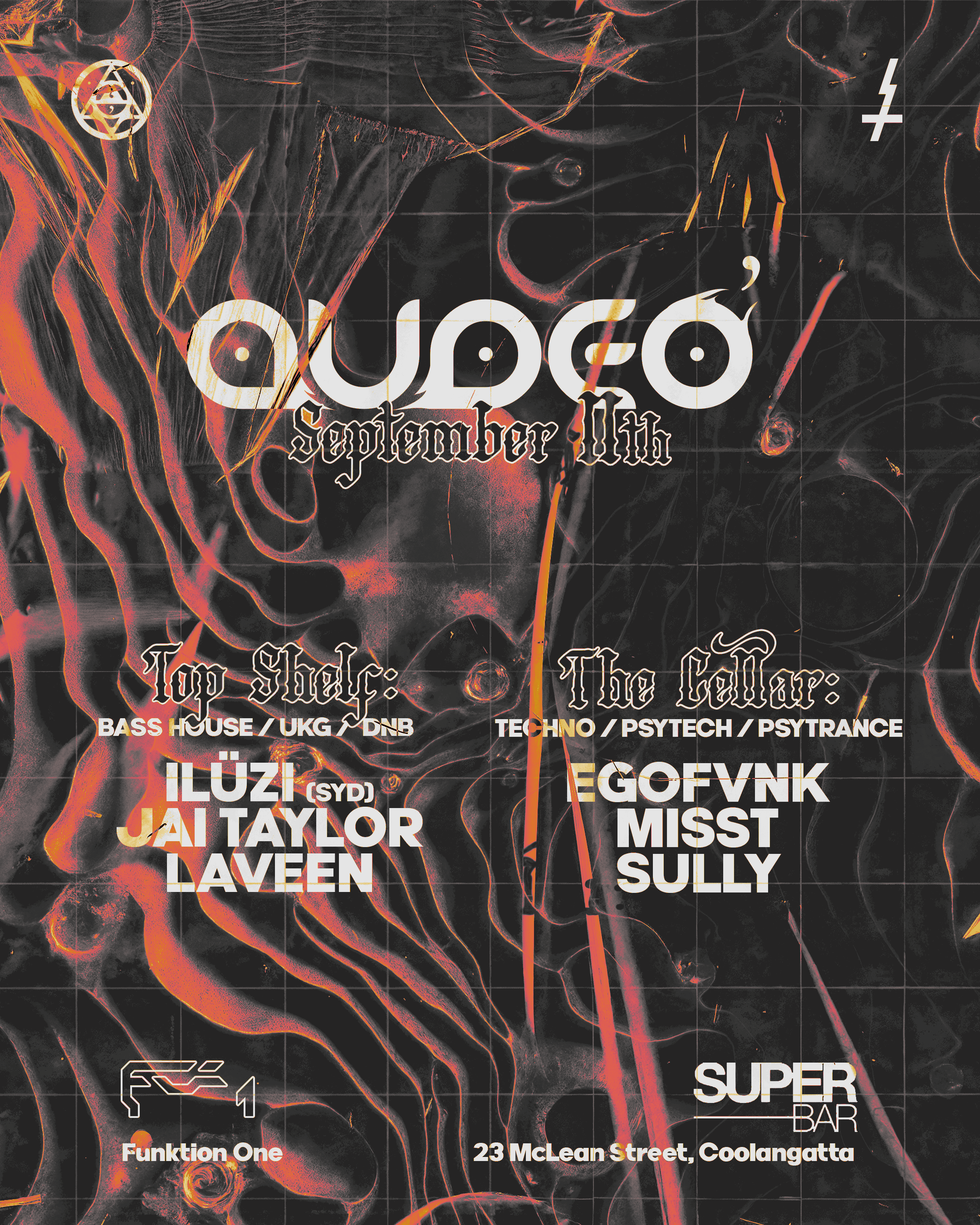 Event poster titled 'The Garage Sesh Audeo' scheduled for July 31, 2026, with performances by Maggie Waldheim, Ziz, Jakob Jon, Acid Rain, Double Drop, Poli, and Mayu, divided into Audeo Room and Garage Sesh Room with a dark red and black background.