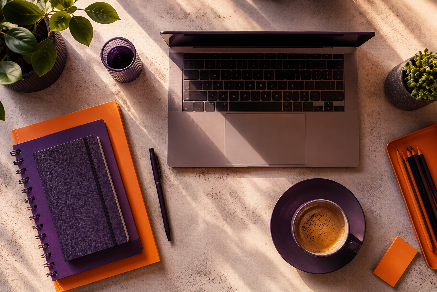 A workspace with a laptop, notebooks, pens, a cup of coffee, and plants on a light-colored surface, illuminated by warm sunlight.