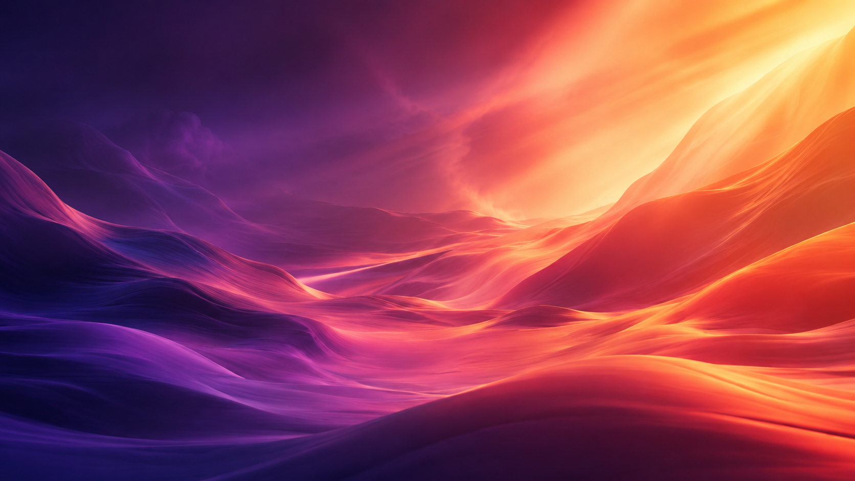 Colorful, abstract digital landscape with flowing, wave-like structures in shades of purple, pink, orange, and yellow, resembling a surreal mountain range under a vibrant sky.