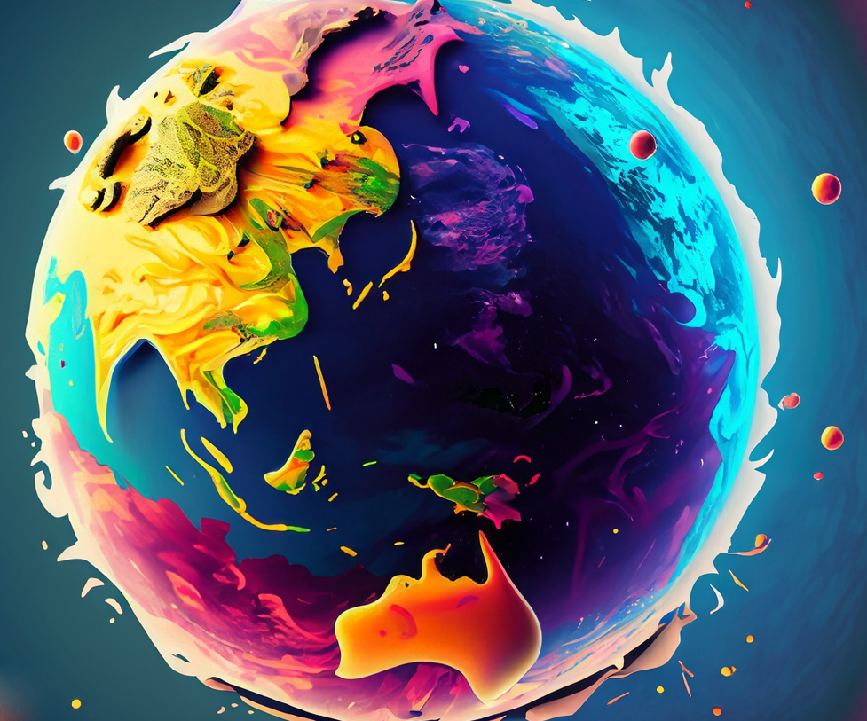 Colorful, abstract artistic rendition of Earth with vibrant swirling colors and splashes.
