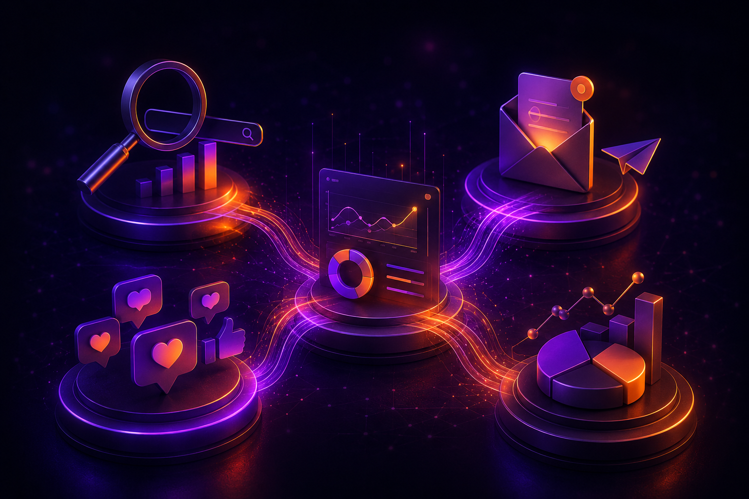 Digital illustration of interconnected analytics and social media icons with graphs, charts, magnifying glass, and email symbols, glowing in purple and orange hues.