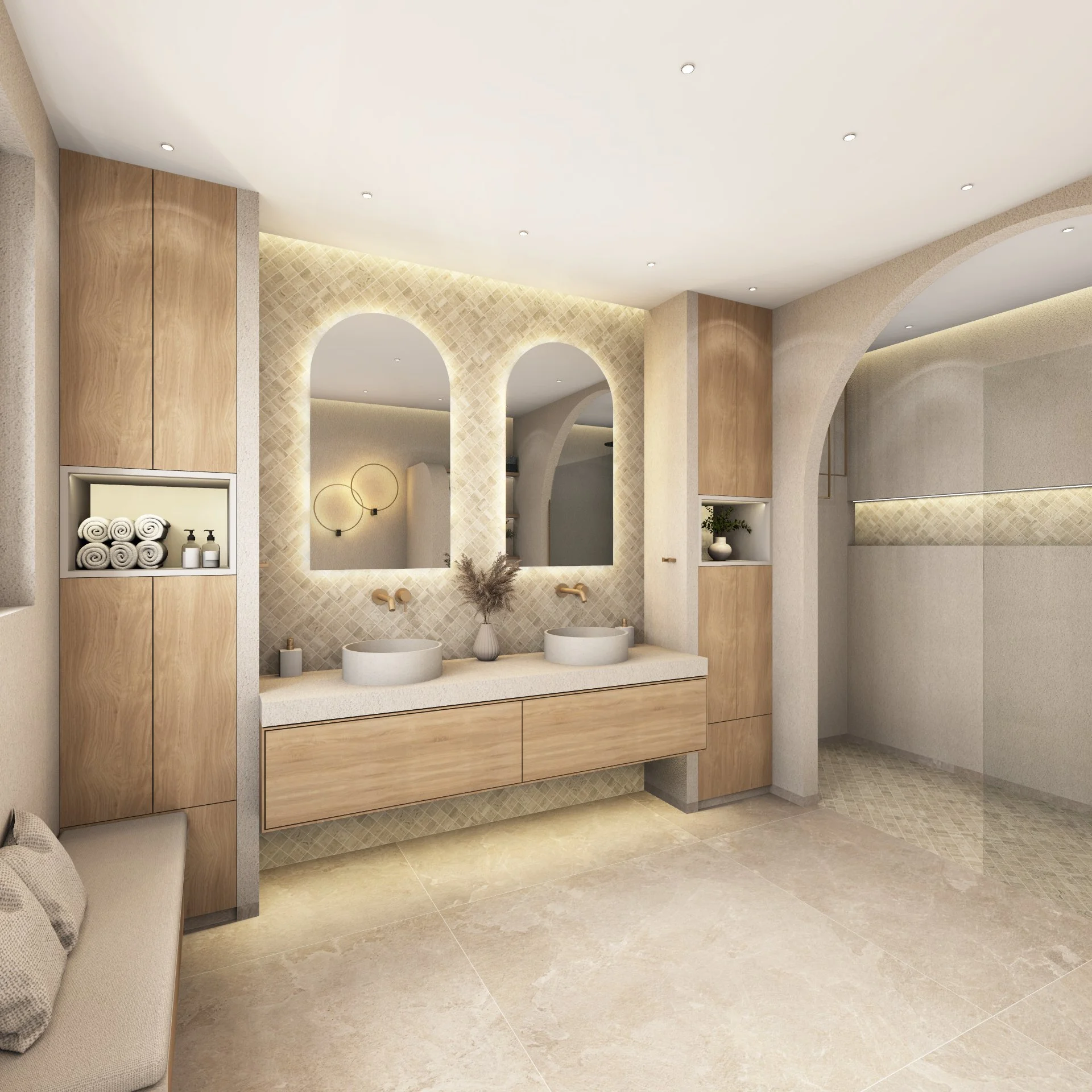 Bad mit Doppelwaschtisch und großer Walk-in-Dusche