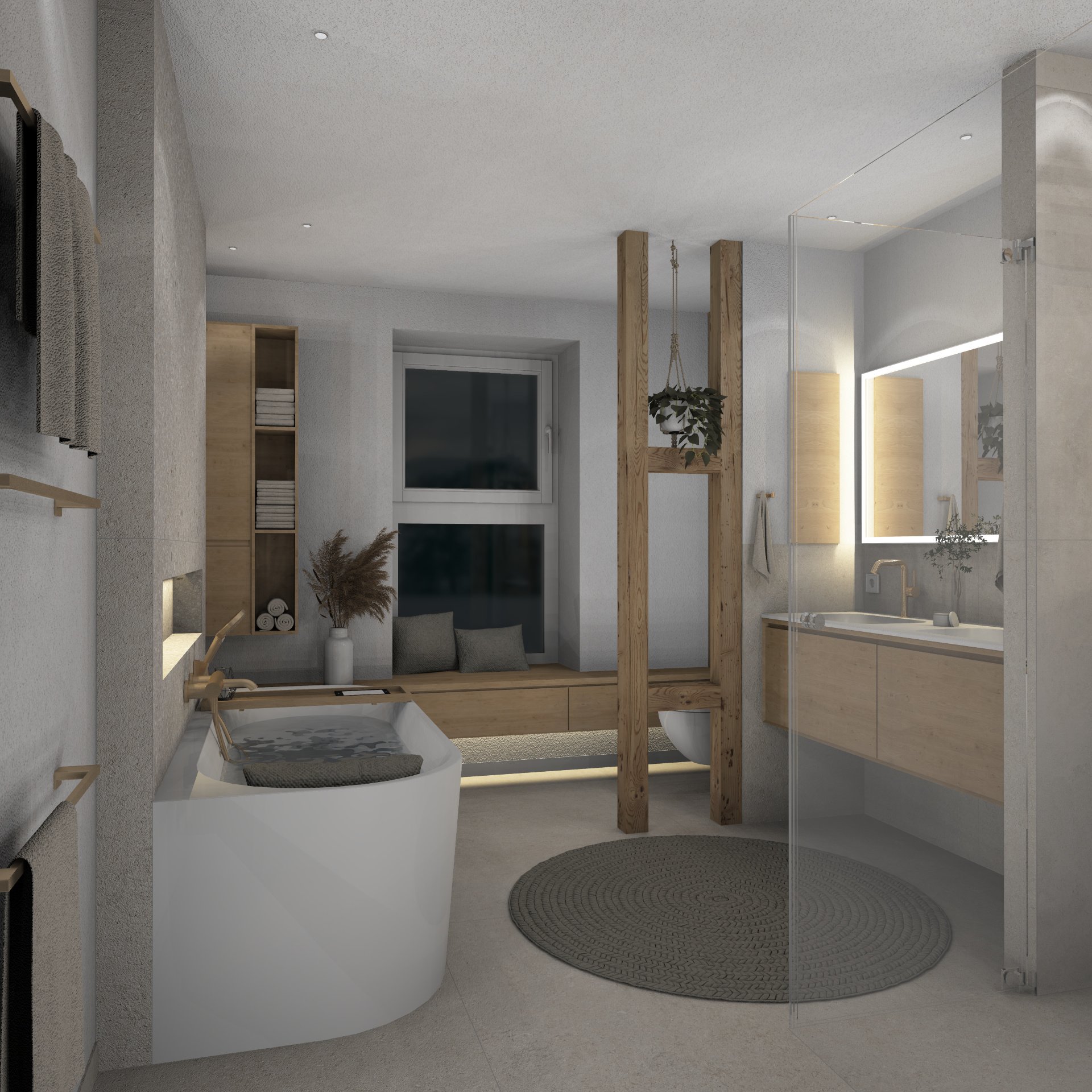 Bad mit freistehender Badewanne, in neutralen Tönen mit Holzakzenten.