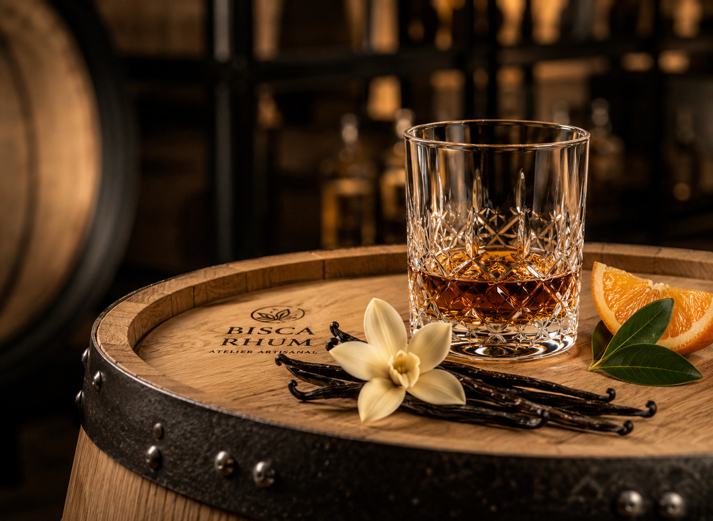 Verre de whisky sur un tonneau en bois avec une tranche d'orange, une fleur blanche, des gousses de vanille et des feuilles vertes.