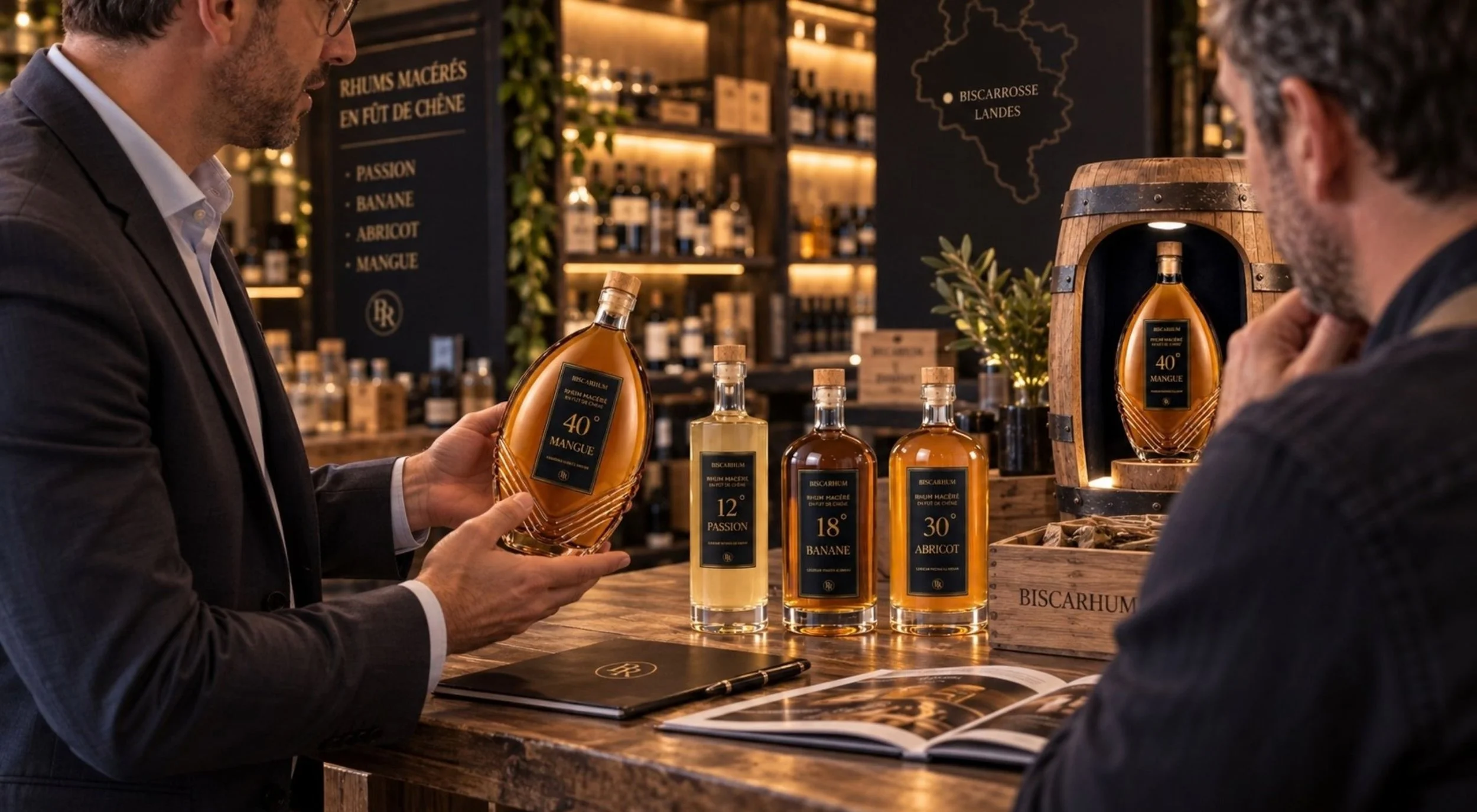 Deux hommes discutent dans une boutique de spiritueux, examinant une bouteille de rhum à 40° avec une étiquette noire et dorée. La boutique est décorée avec des étagères de bouteilles et un tableau noir indiquant les variétés de rhum par saveur.