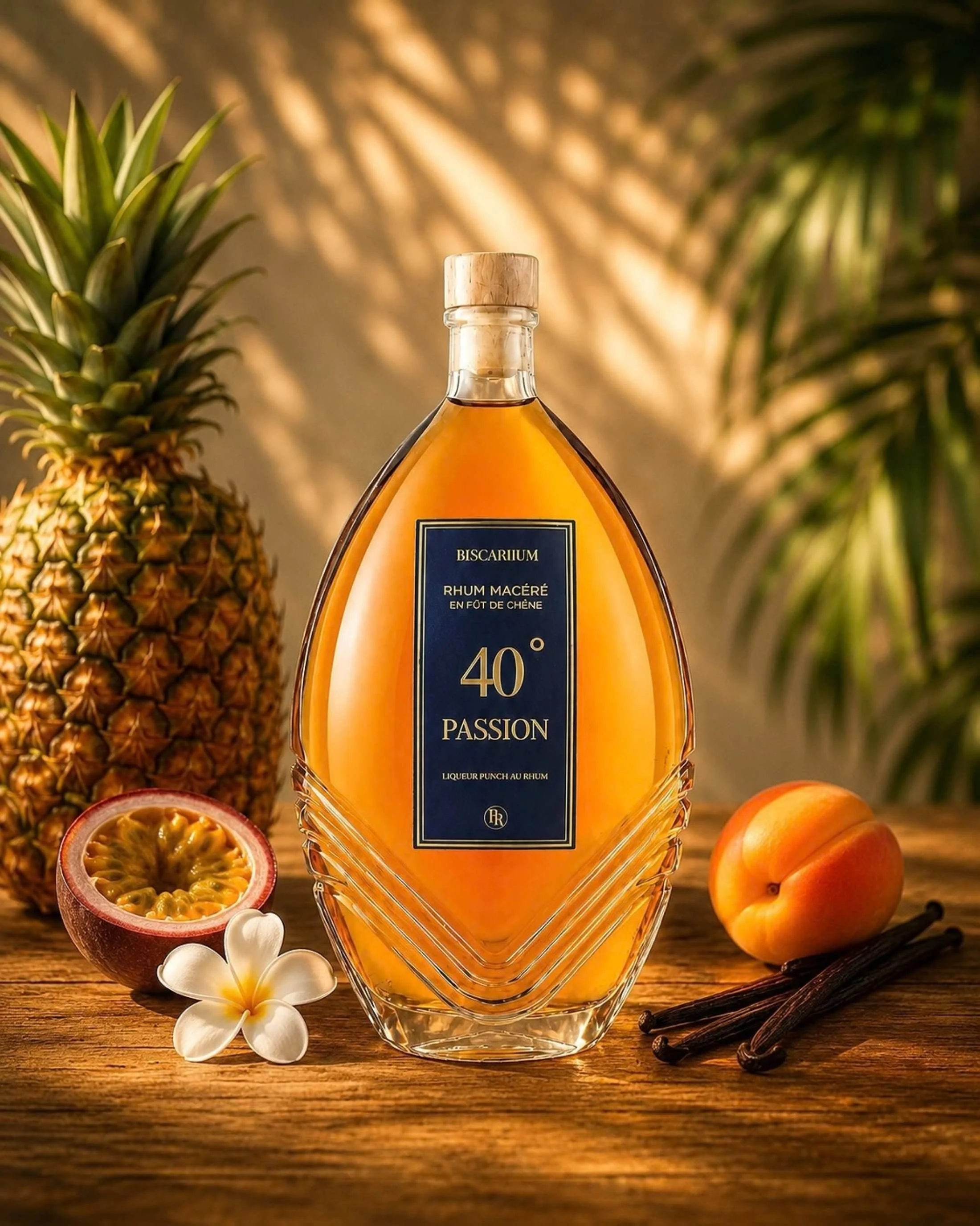Une bouteille de rhum macéré au passion dans un verre en cristal au centre, entourée d'ananas, de fruits de passion, de vanille en gousses, une fleur blanche, un abricot et des fruits exotiques, sur une table en bois avec un éclairage chaleureux.