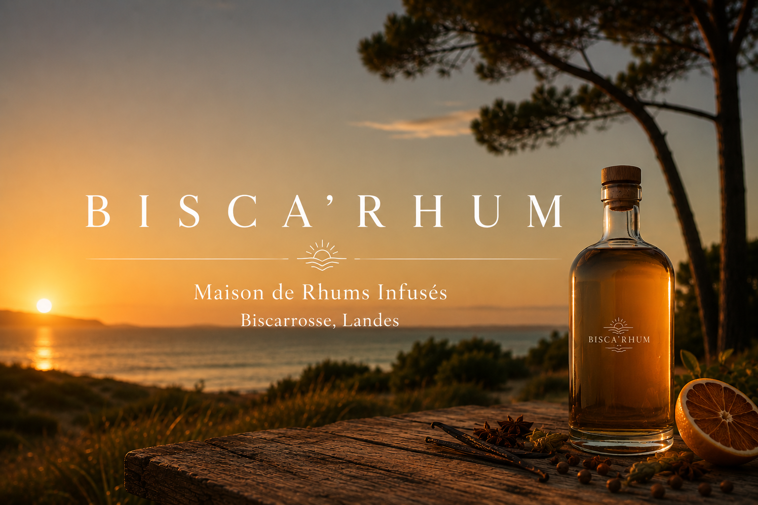 Bouteille de rhum sur une table en bois avec un coucher de soleil à la plage, entourée de citron, épices et herbes, avec un arbre en arrière-plan, publicité pour la maison de rhums Bisca'Rhum à Biscarrosse, Landes.