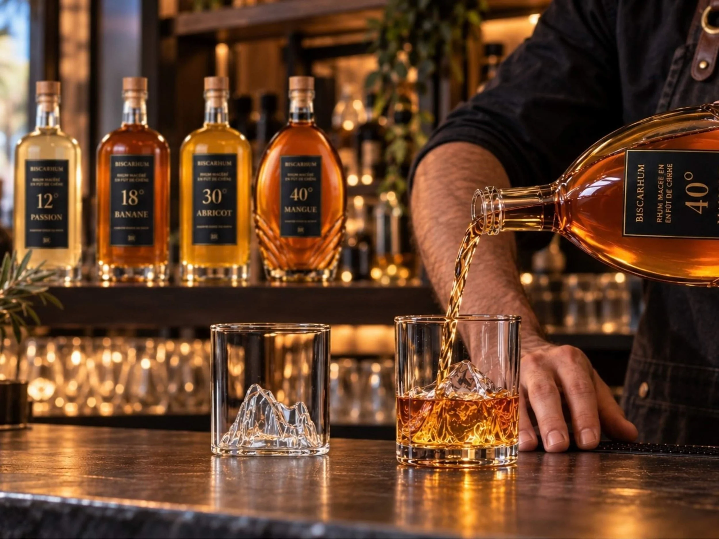 Une personne verse du rhum dans un verre à whisky, avec plusieurs bouteilles de différentes saveurs de rhum alignées en arrière-plan dans un bar chaleureux.