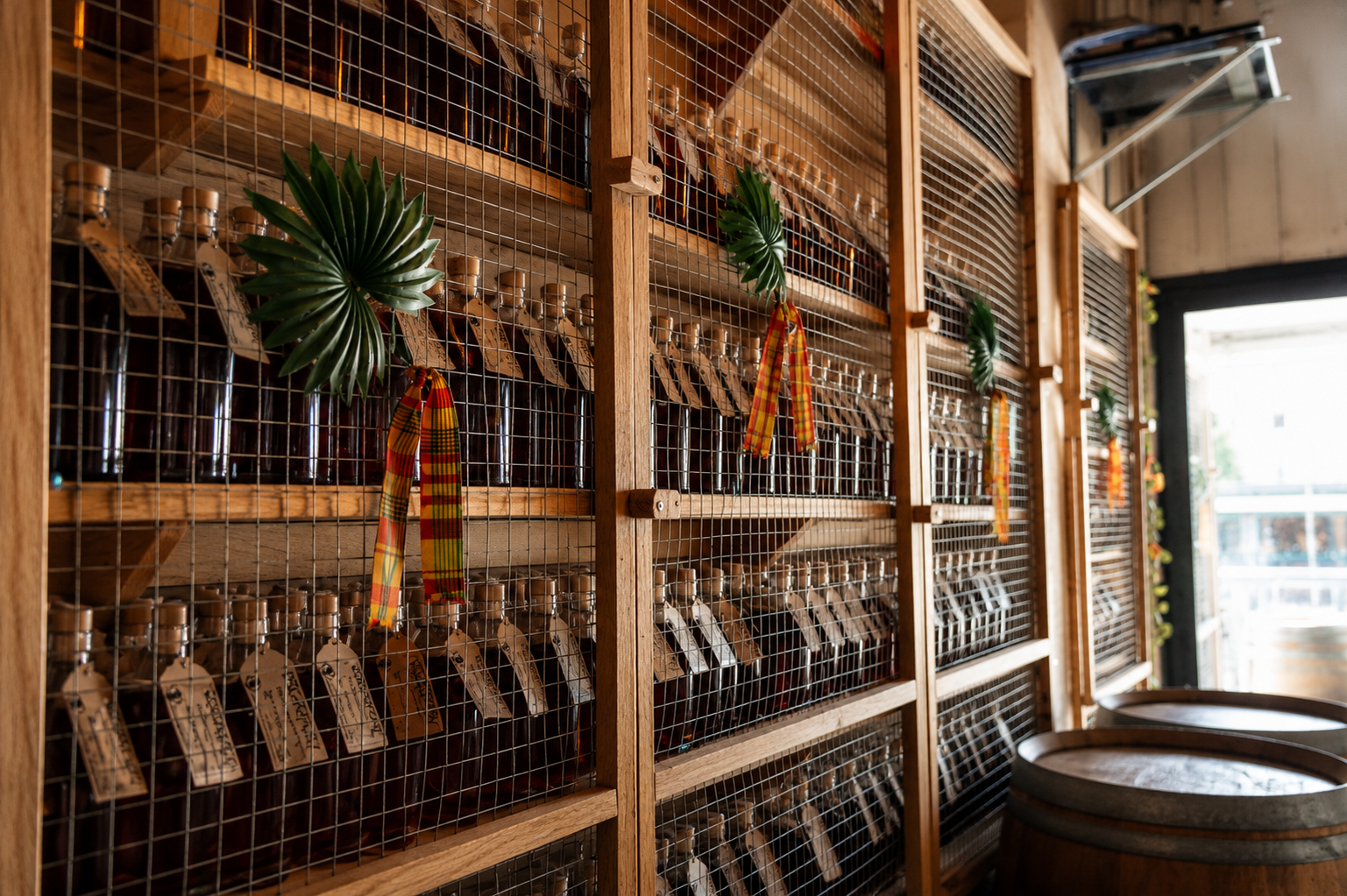 Étagères en bois contenant des bocaux en verre avec étiquettes, décorées avec des feuilles vertes et des foulards colorés, dans un intérieur en bois, probablement un café ou une boutique.