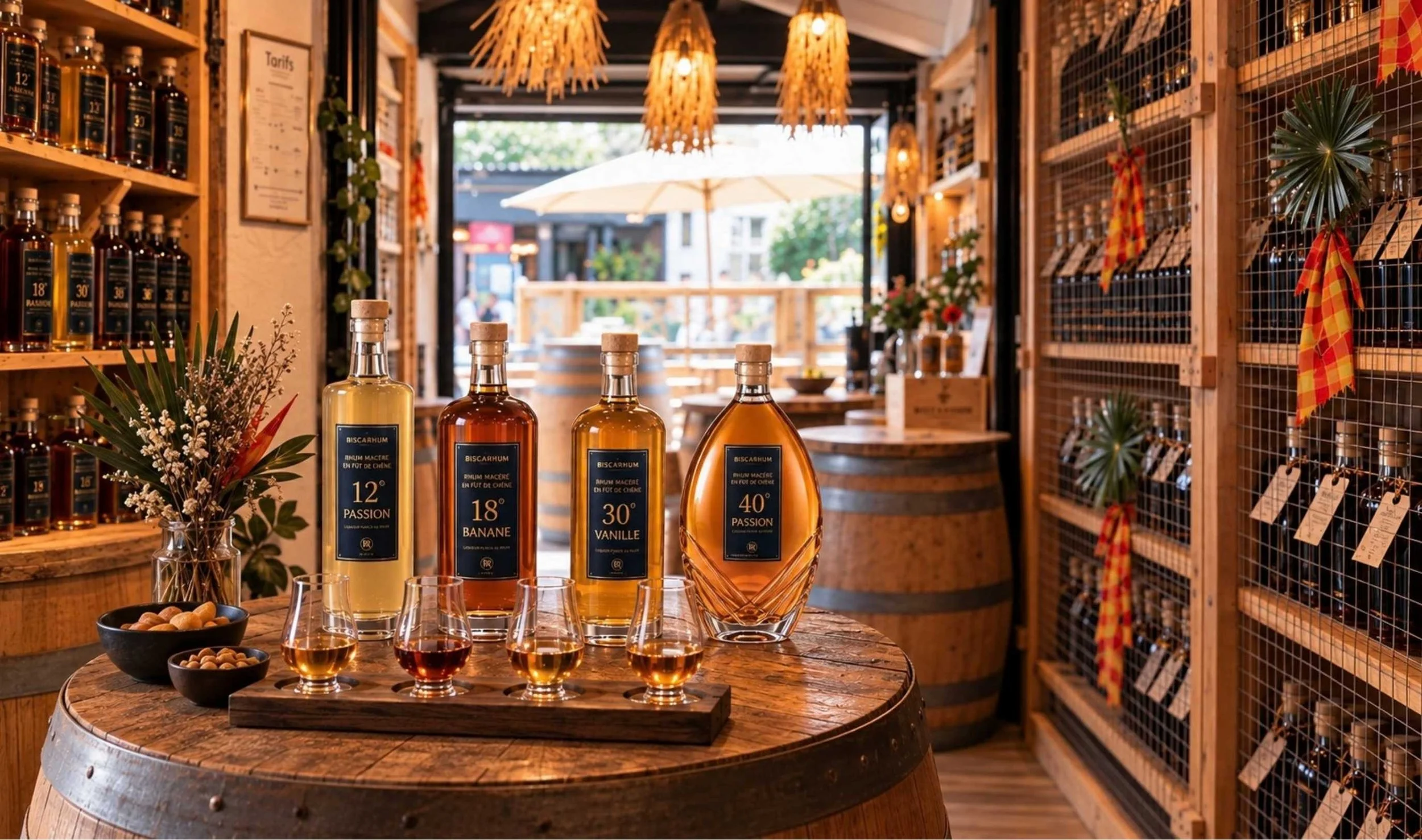 Bouteilles de spiritueux différentes avec des étiquettes indiquant des saveurs comme Passion, Banane, Vanille, et 40° Passion, disposées sur une table en bois, dans un magasin ou une boutique, avec des décorations en bois et un espace lumineux à l'extérieur.