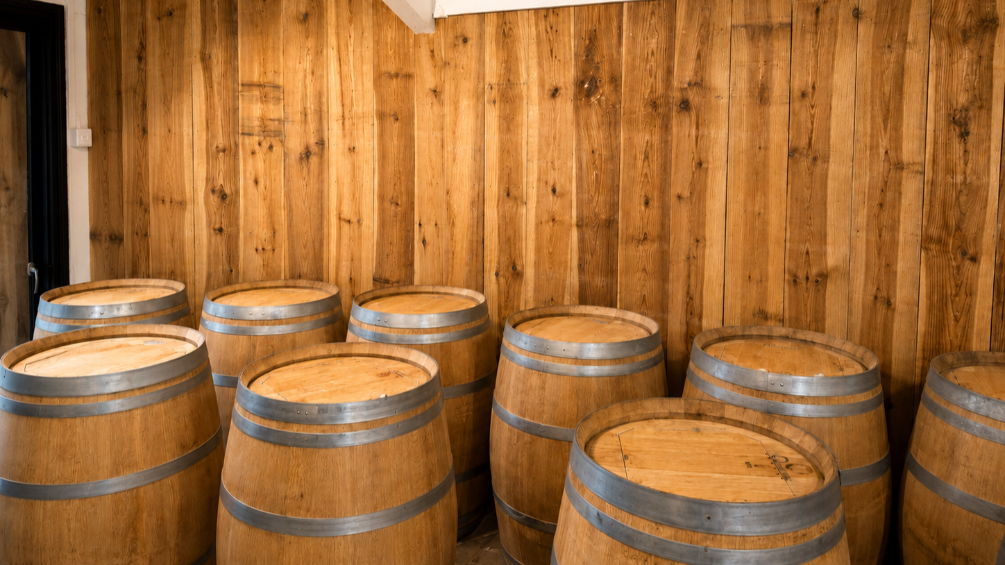 Tonneaux en bois dans une cave en bois.