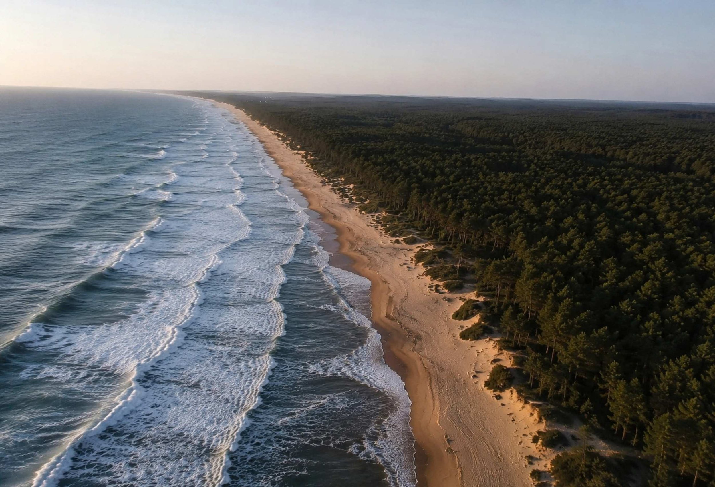Une vue aérienne d'une plage bordée par une forêt dense, avec des vagues qui roulent sur le rivage.