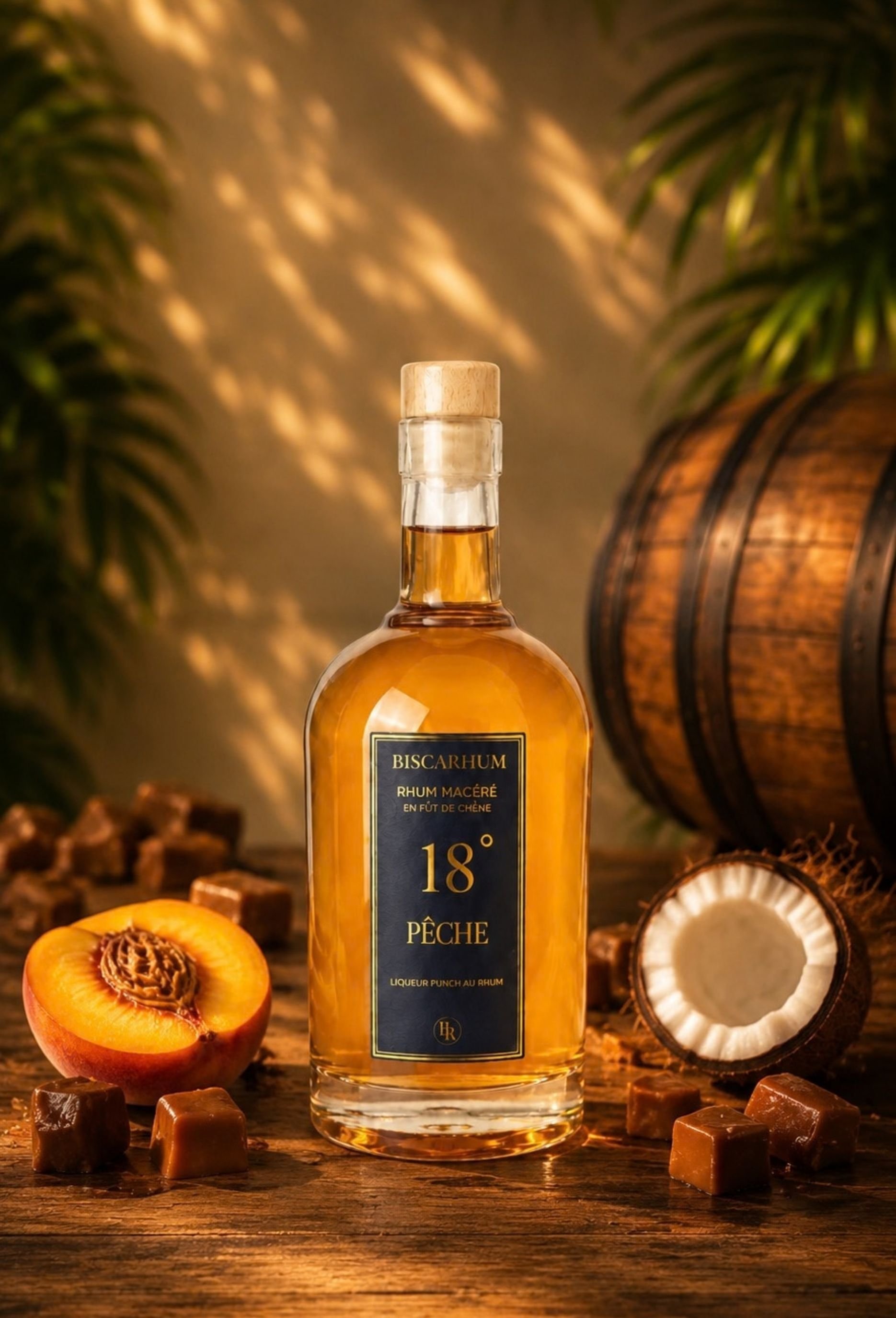 Bouteille de rhum BISCHARUM parfum pêche, entourée de fruits de pêche, de noix de coco et de caramel, avec un décor chaleureux et naturel.