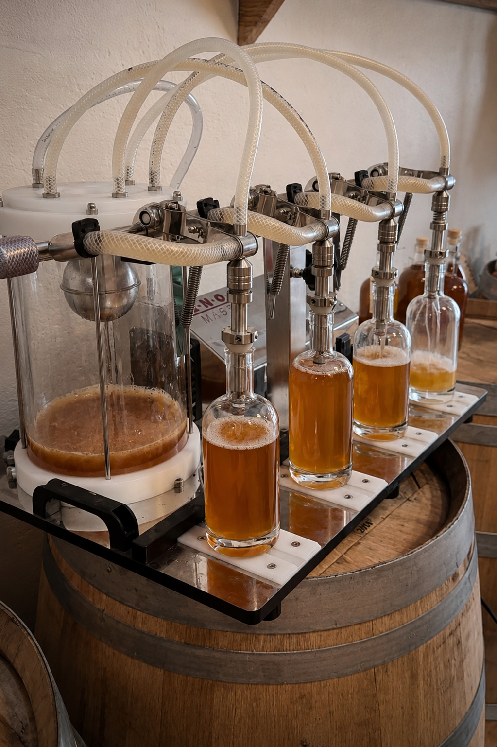 Machine de fermentation pour la bière avec plusieurs bouteilles en cours de remplissage contenant une bière ambrée, posée sur un tonneau en bois.