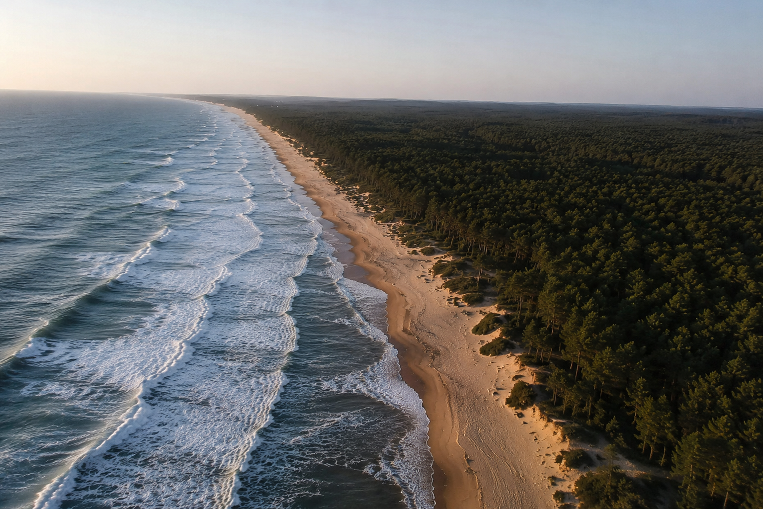 Une plage avec des vagues s'écrasant sur le rivage, bordée par une forêt dense de pins.