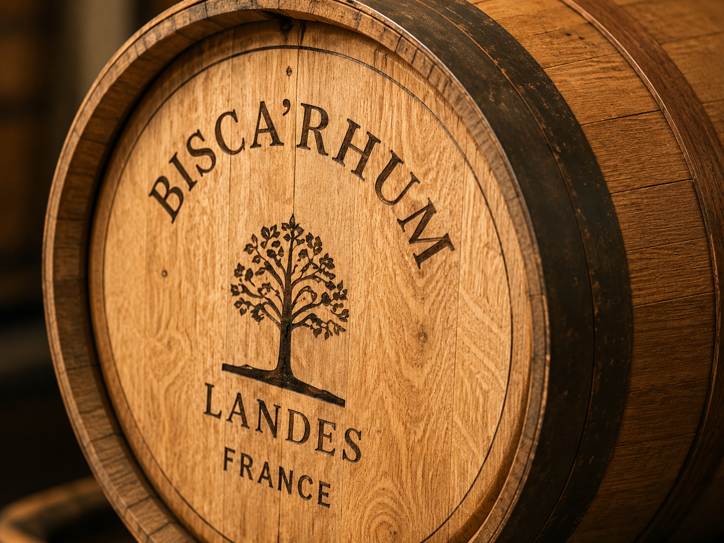 Une bodeguerie en bois avec l'inscription 'BISCARHUN LANDES FRANCE' et une image d'arbre stylisée.