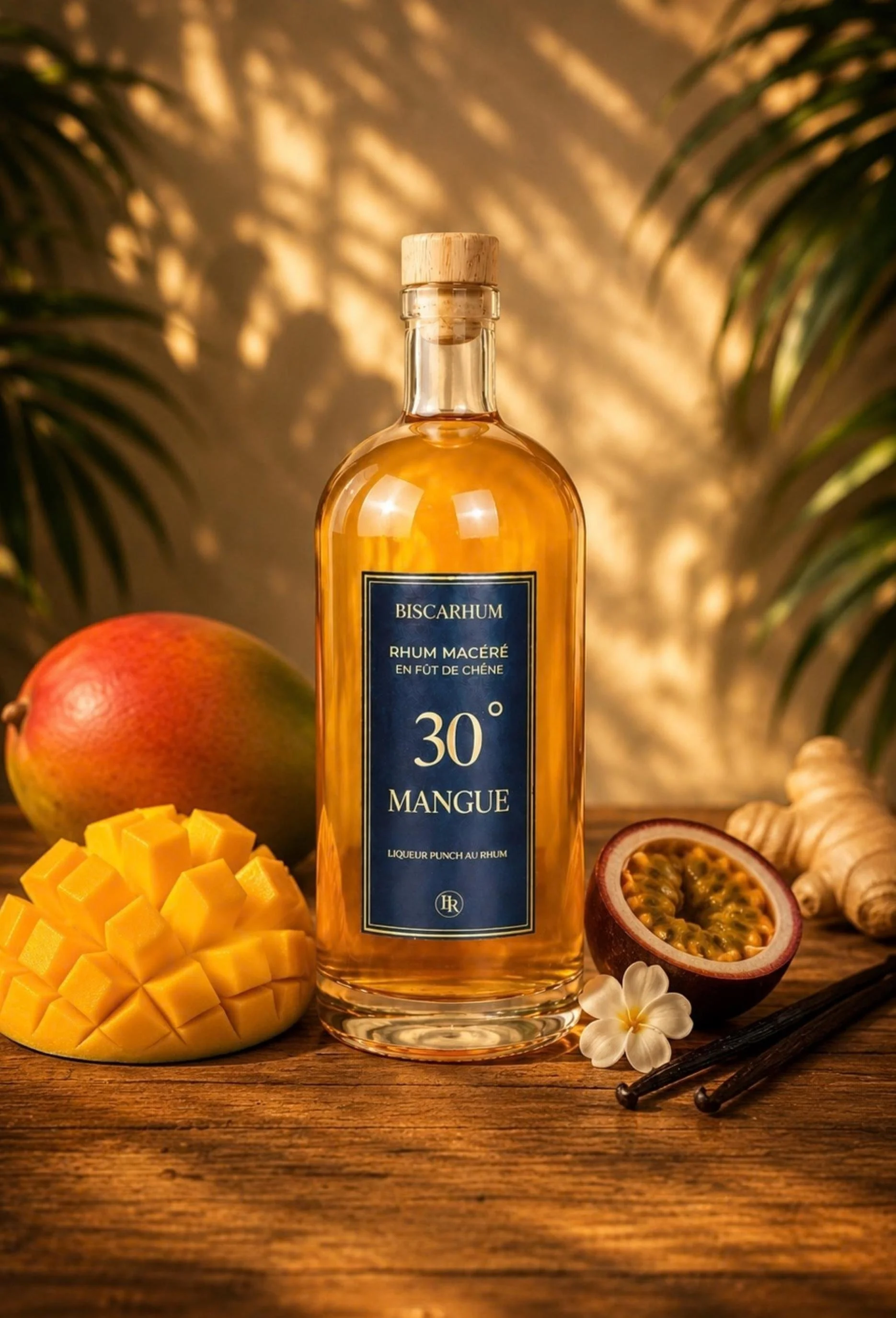Une bouteille de liqueur de mangue au rhum au centre, entourée de fruits exotiques comme mangue, passion, gingembre, et de fleurs, sur un fond en bois avec un éclairage chaud.
