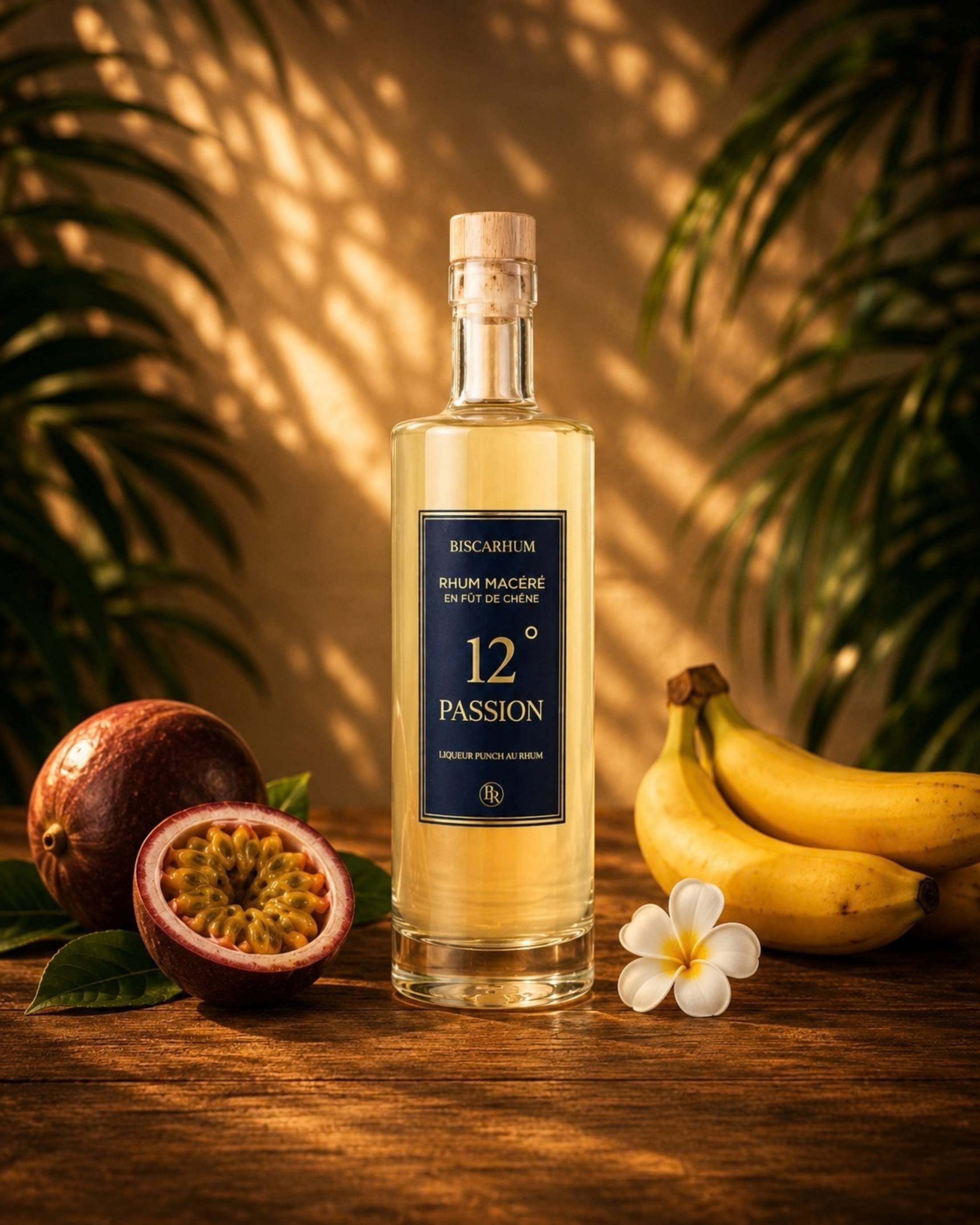 Une bouteille de rhum appelée 'Passion' entourée de fruits exotiques tels que la passion, la banane et la goyave, avec des fleurs blanches, des feuilles vertes et un fond chaleureux.