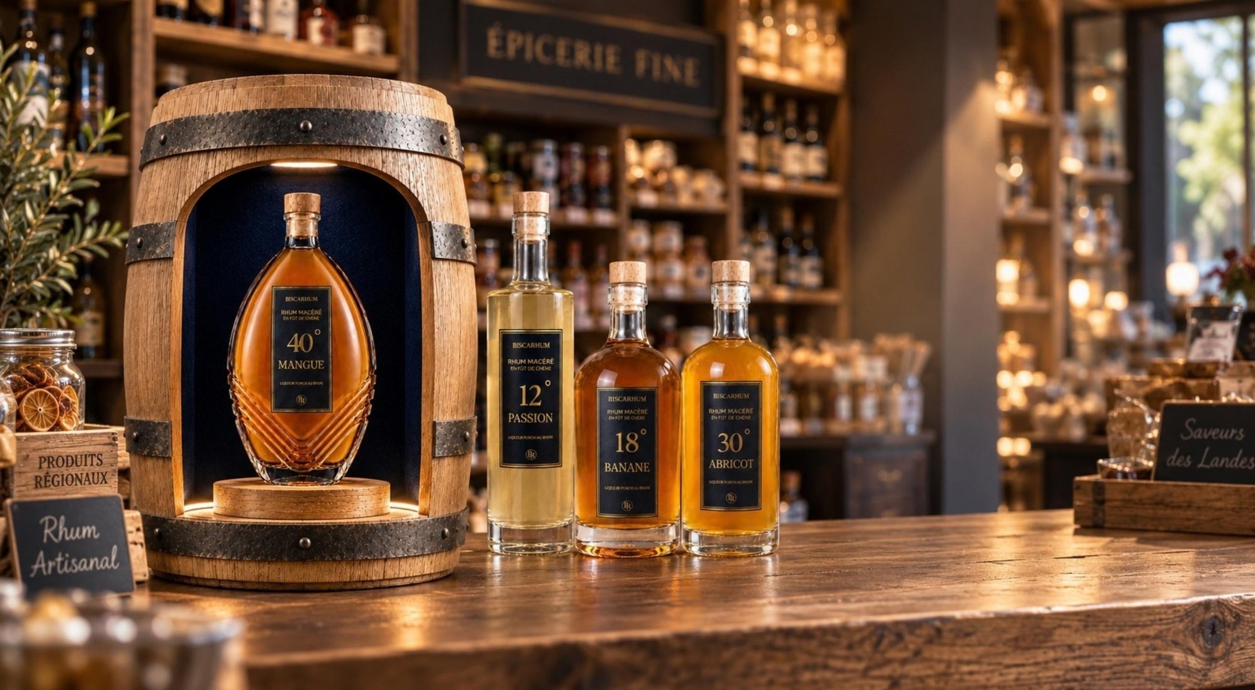 Bouteilles de rhum artisanal avec prix et saveurs, présentation dans une boutique ou un magasin d'épices et de produits régionaux, bois et ambiance chaleureuse