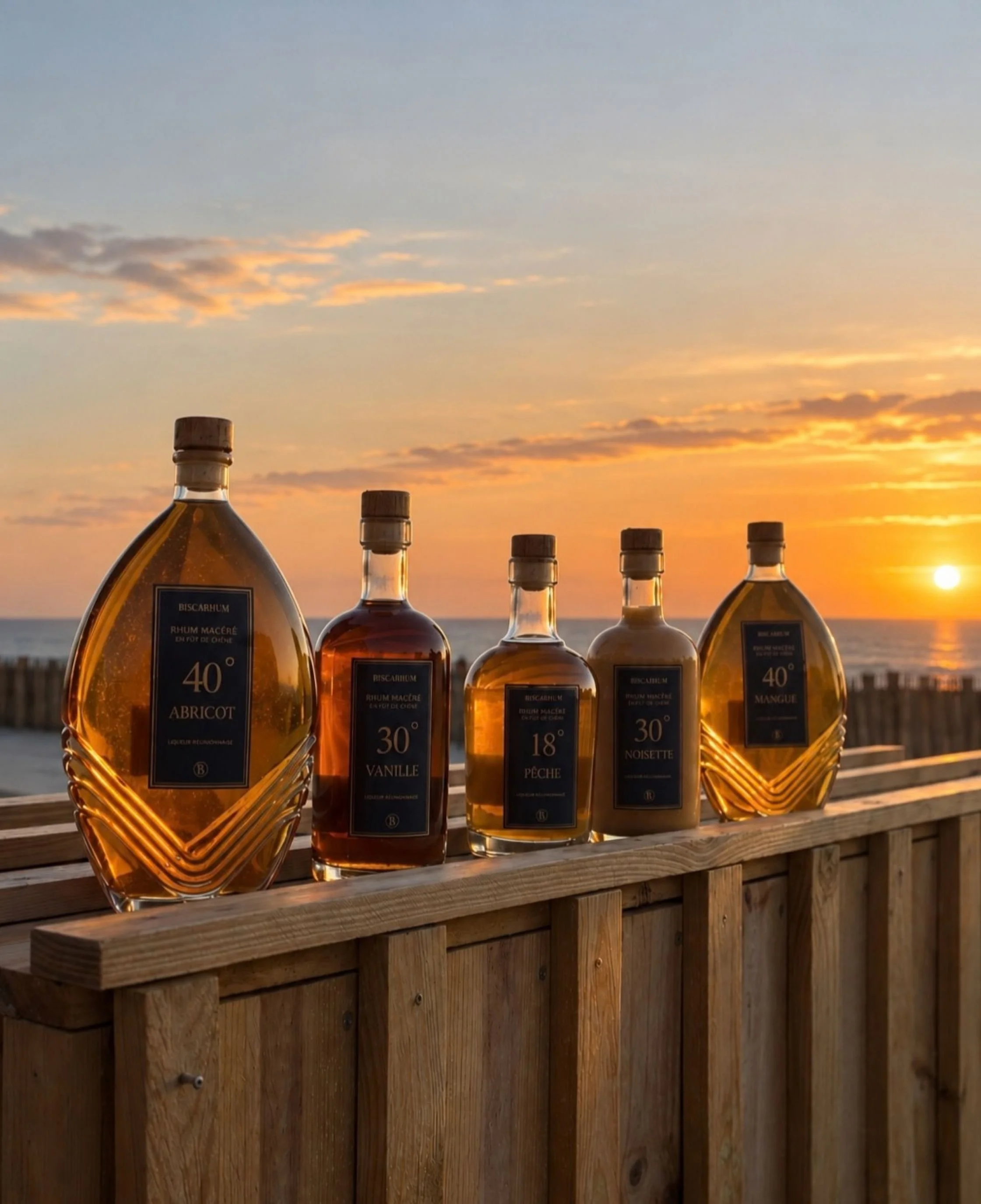 Bouteilles de sirop ou d'arômes à différents parfums placées sur une rampe en bois, dans un décor de coucher de soleil avec un ciel coloré et quelques nuages.
