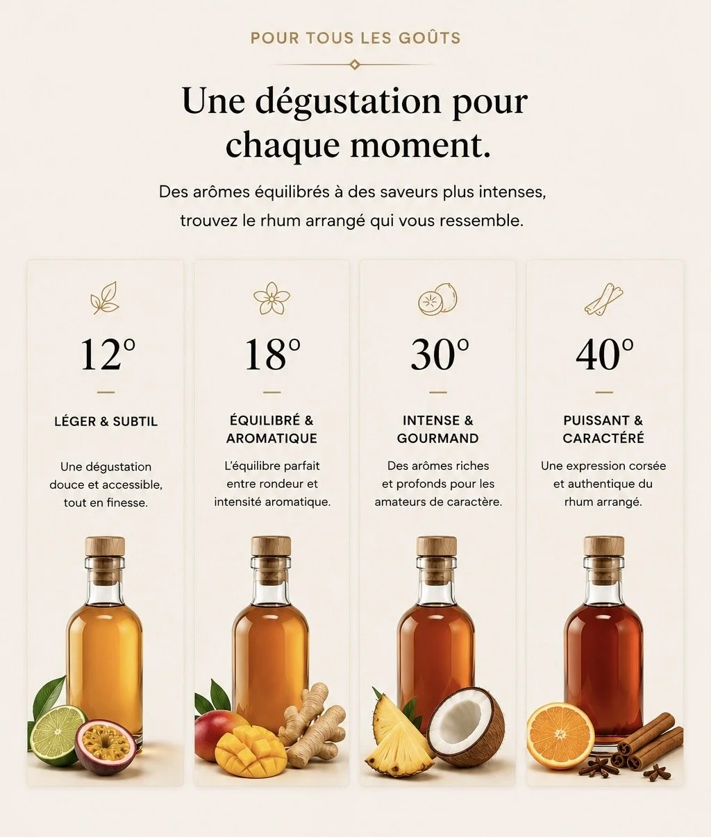 Affiche de dégustation de rhum avec quatre types de profils aromatiques : léger 12°, équilibré 18°, intense 30°, puissant 40°, avec bouteilles et fruits ou épices correspondant à chaque profil.