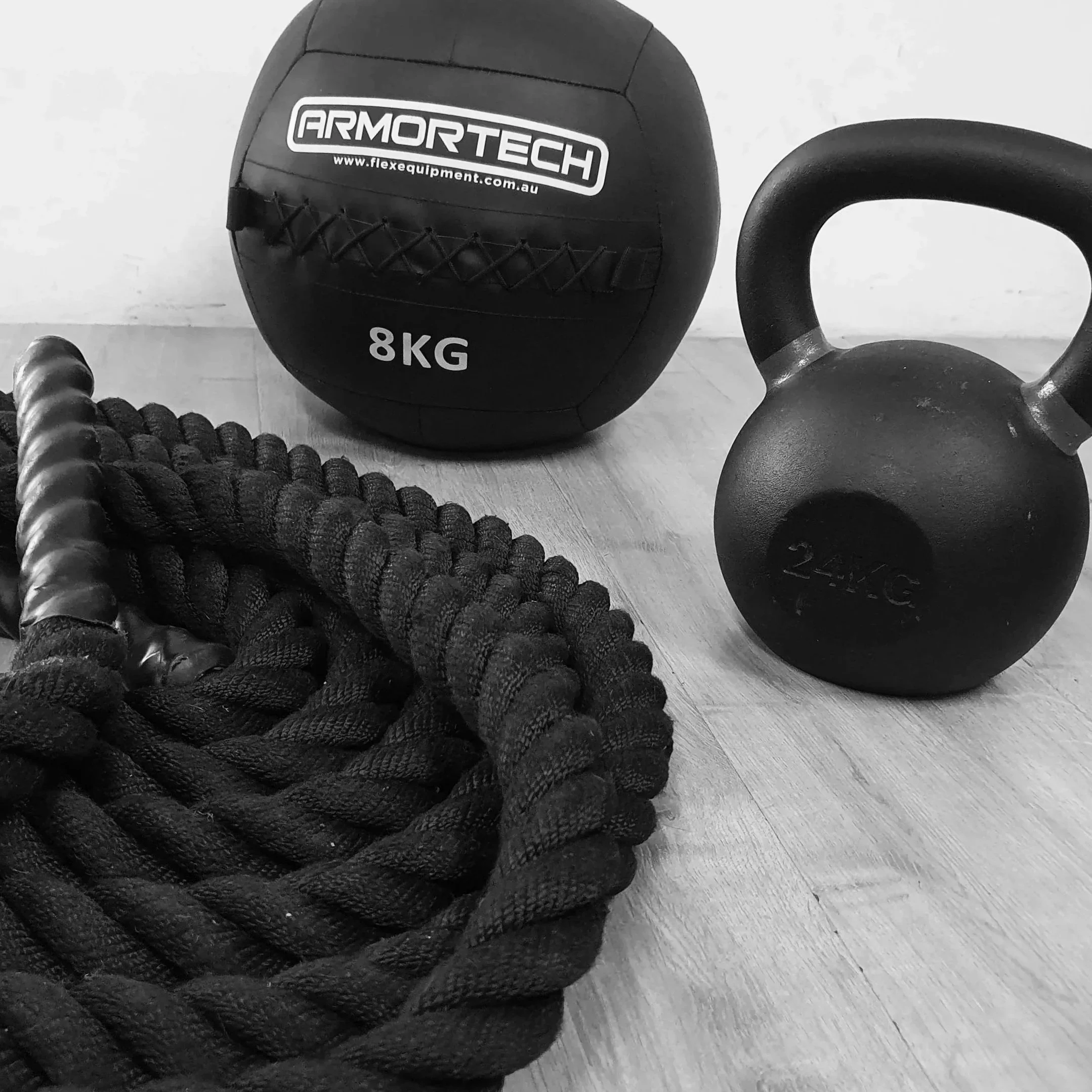 Gym equipment, battle rope, wall ball and kettle bell