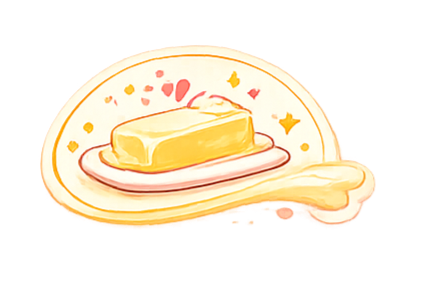 A cartoon illustration of a pat of butter on a small dish with a serving knife.