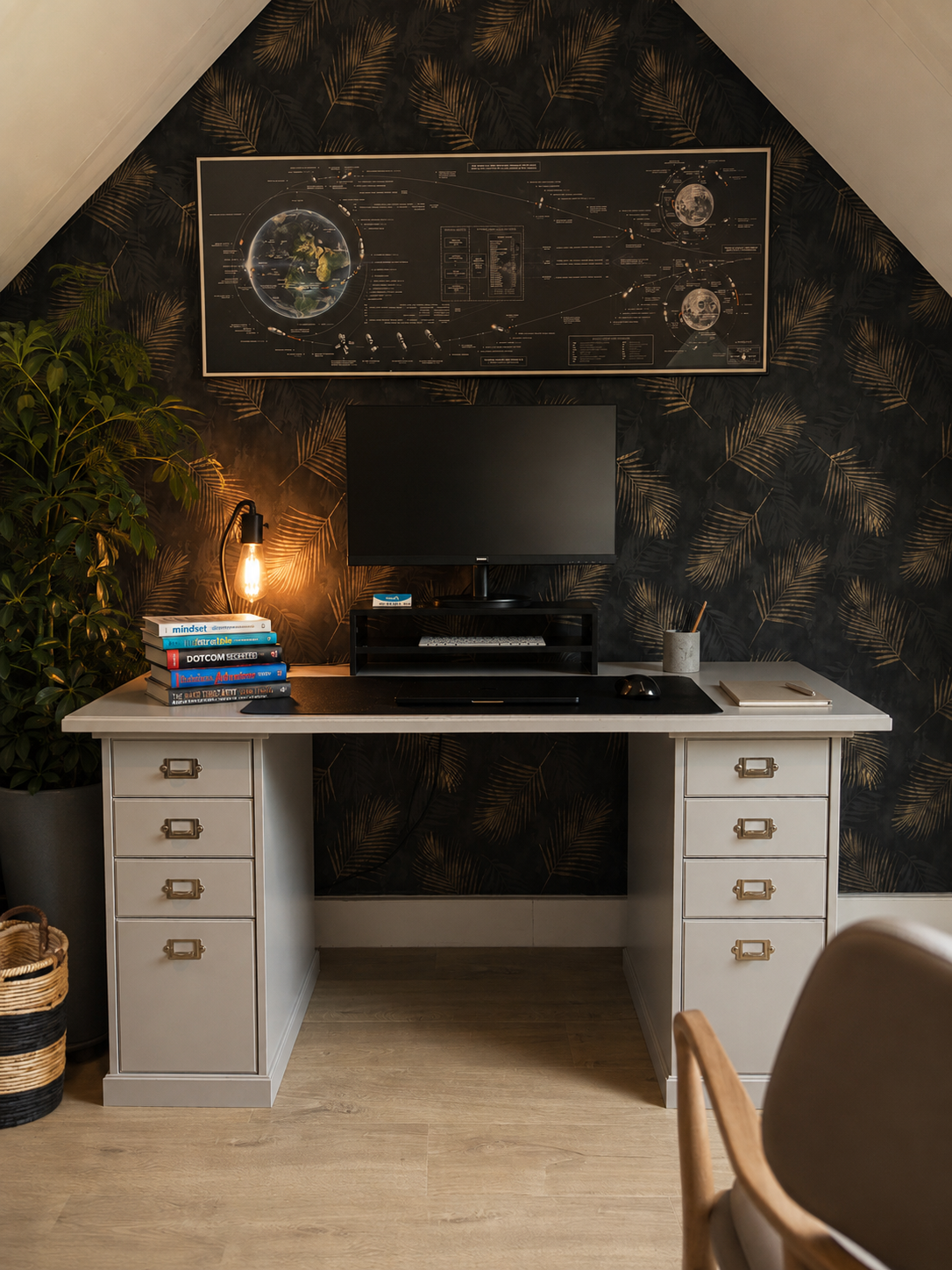 Een thuiskantoor of studeerkamer met een wit bureau, een zwart computerscherm, een boekenkast met boeken, een bureaulamp met een warm gloed, een groen plant, een poster met ruimtevaart/wereldkaart, en een donkere muur met gouden bladeren patroon.