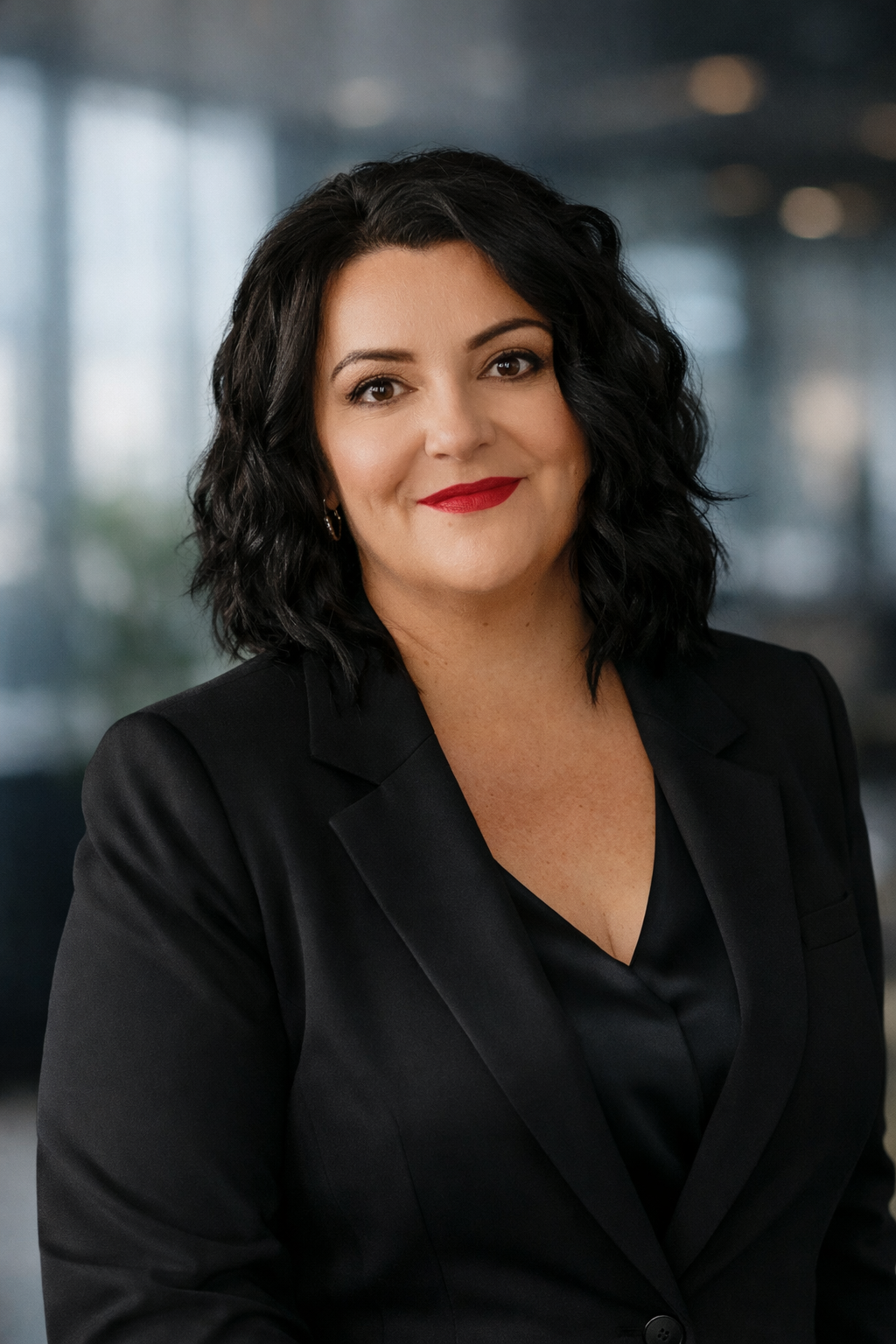 A professional woman with dark curly hair, wearing a black blazer and red lipstick, smiling in an office setting.