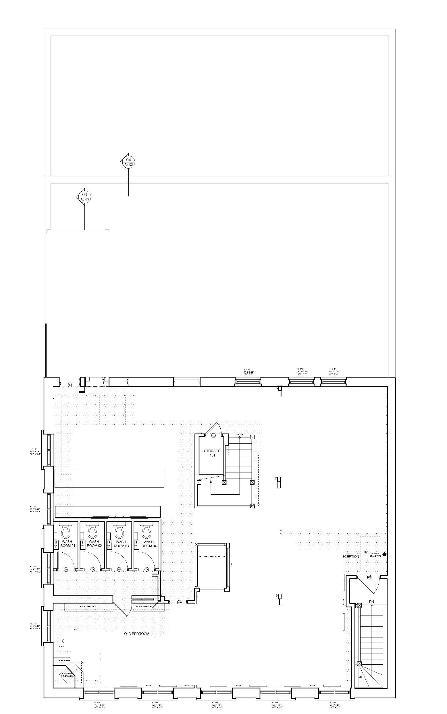 Architectural blueprint showing layouts of multiple rooms, restrooms, staircases, and hallways in a building.