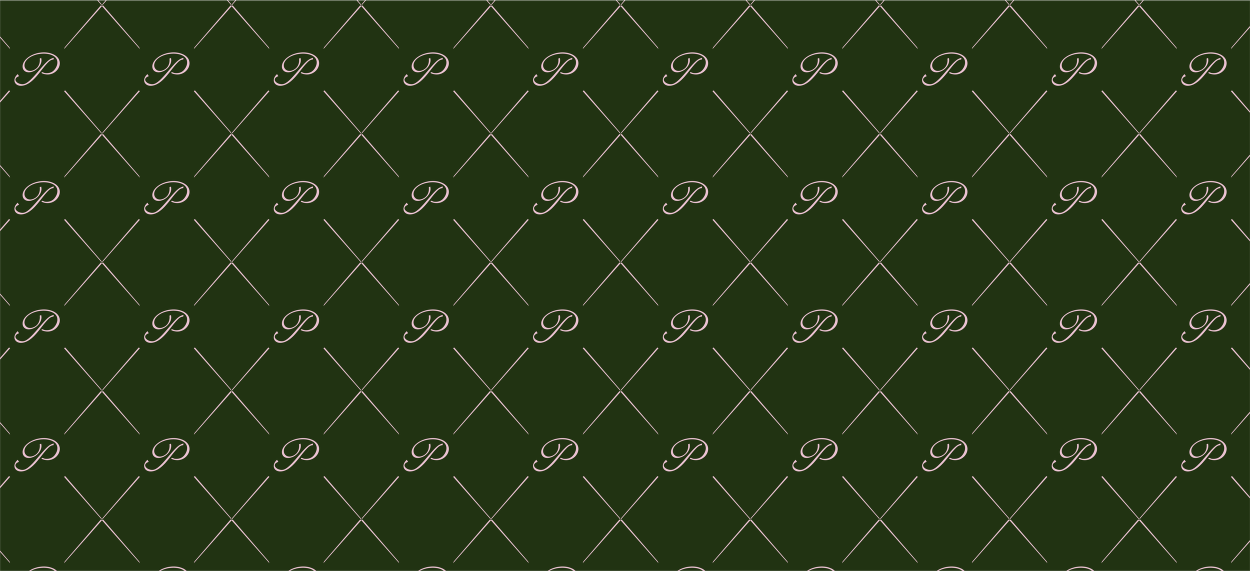 Patterned fabric with a dark green background and a repeating light pink cursive letter 'P' enclosed in a circle, arranged in a diamond grid.