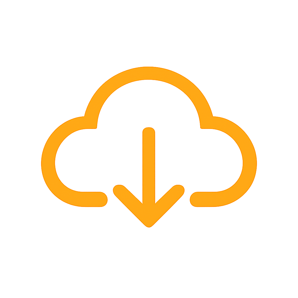 Oranje cloud met een pijl die naar beneden wijst, symbool voor downloaden in de cloud