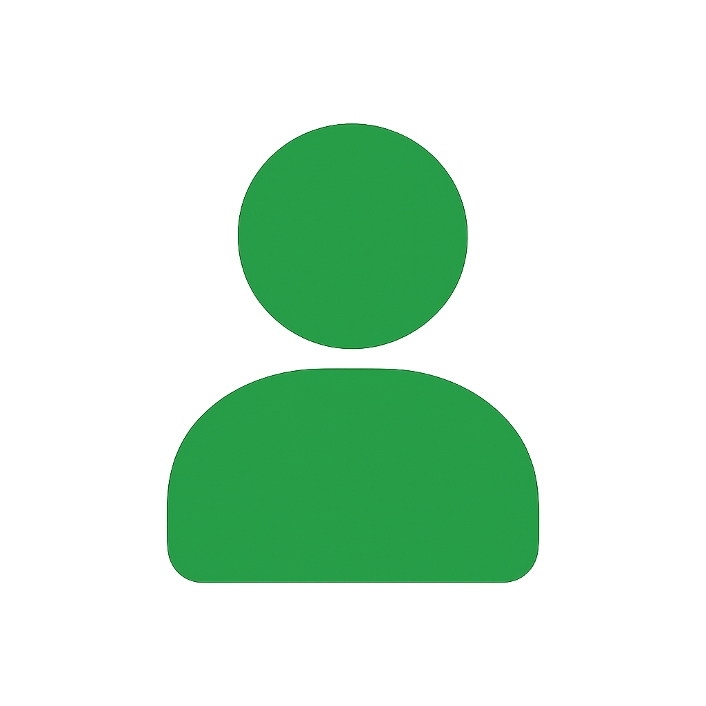 Groene stylized pictogram van een persoon, meestal gebruikt voor gebruikersprofielen of accounts.