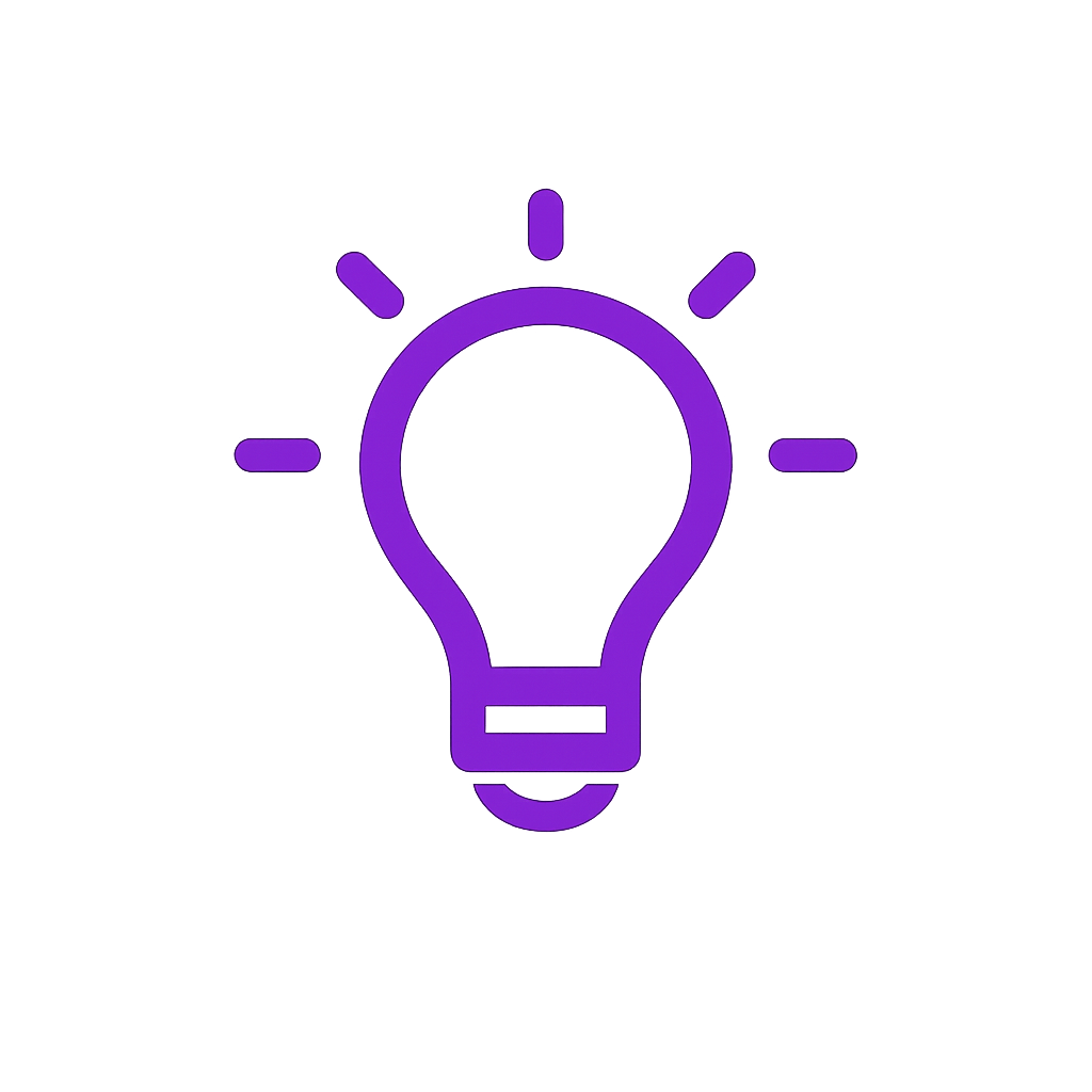 Een eenvoudige icon van een gloeilamp in paarse lijn, symboliseert het idee of inspiratie.